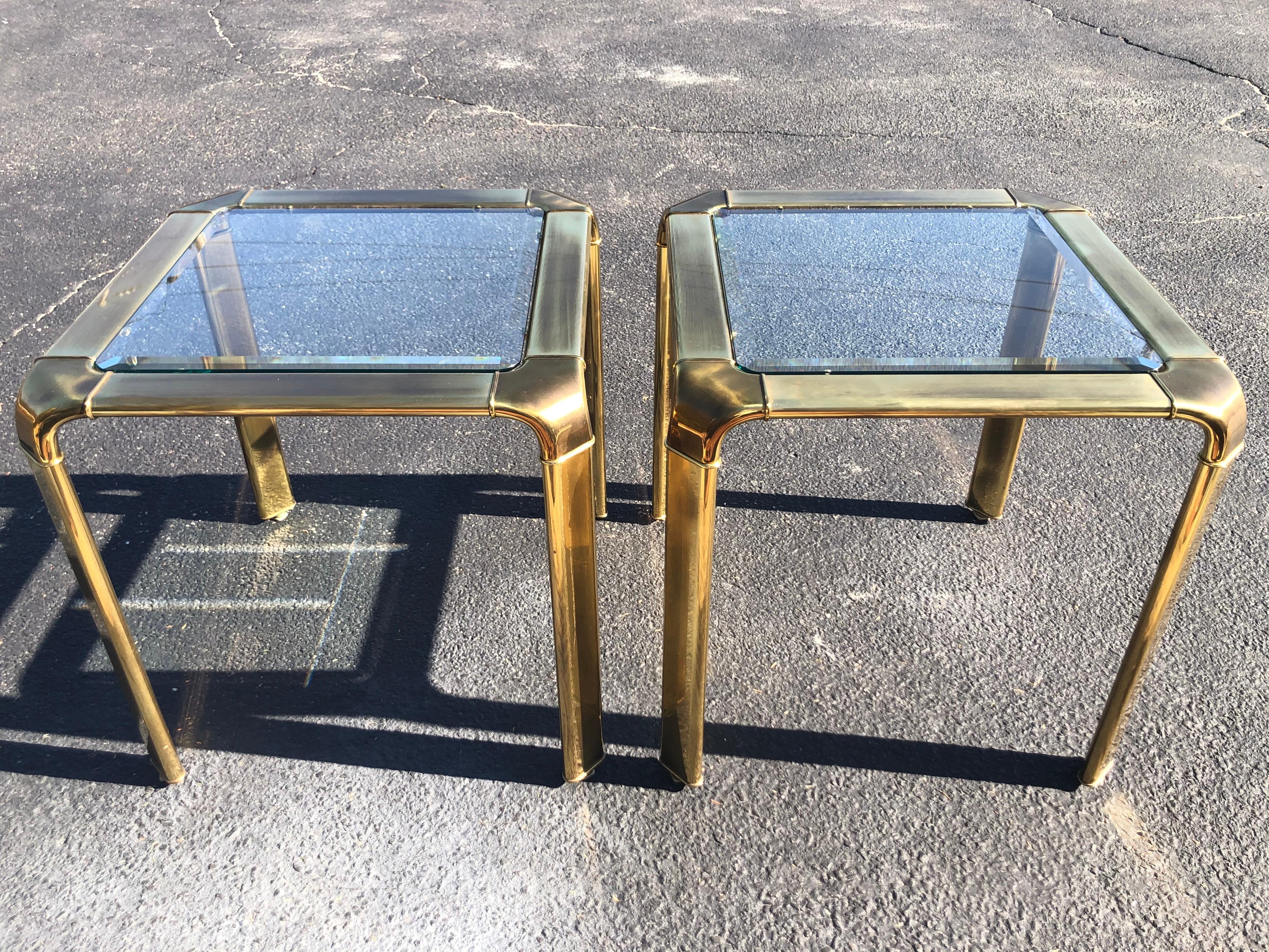 Pair of John Widdicomb brass and glass waterfall tables. Sophisticated, clean lines. Signed and stamped underneath. Perfect as end tables or side tables.