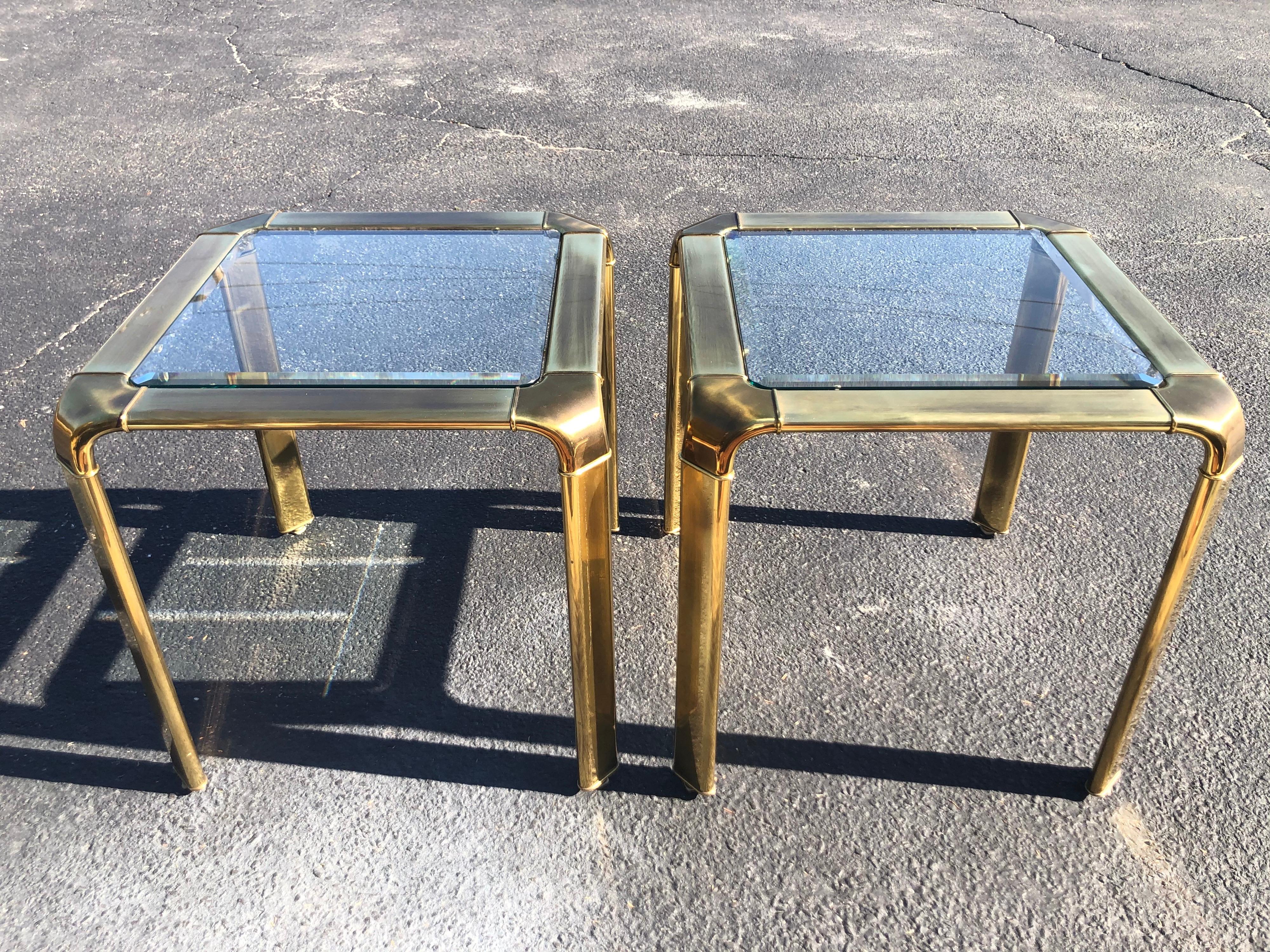 Mid-Century Modern Pair of John Widdicomb Brass and Glass Waterfall Tables