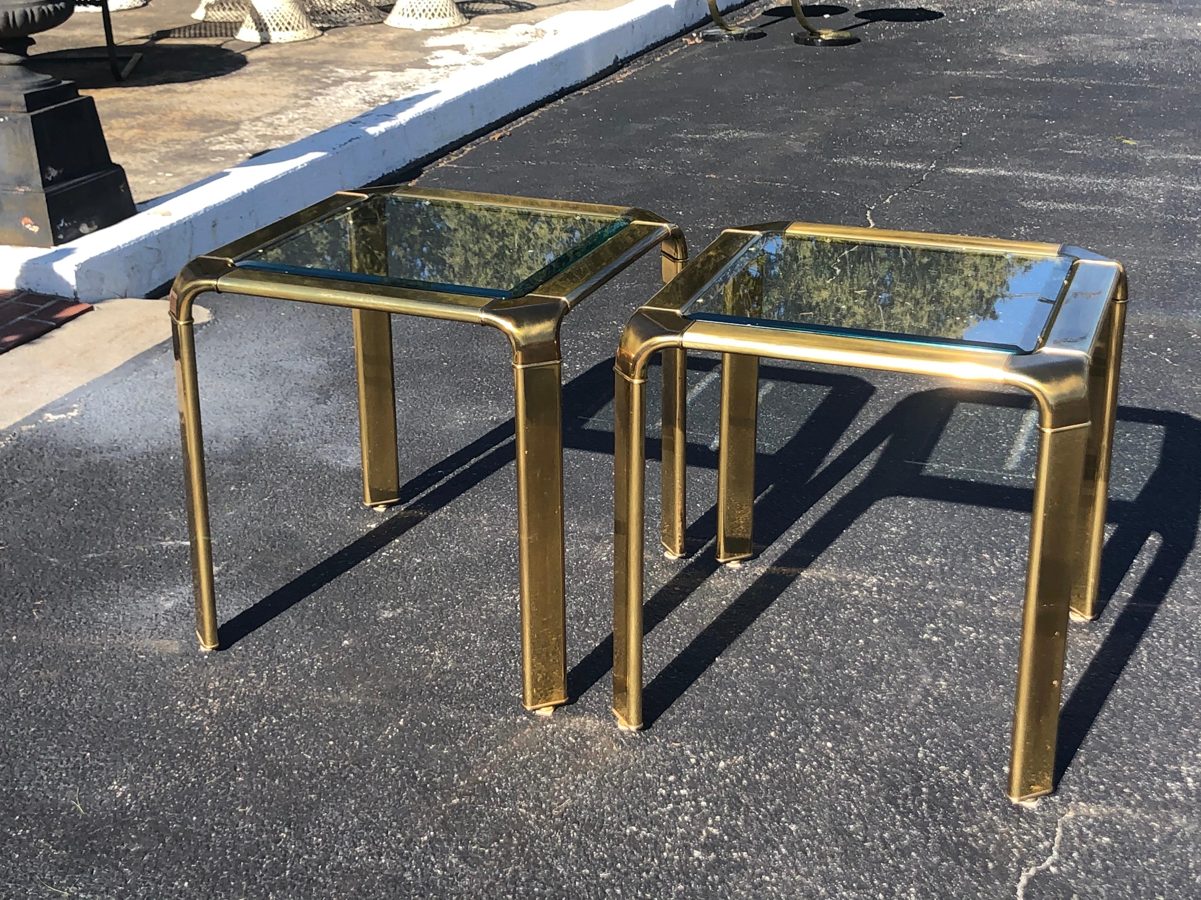 Late 20th Century Pair of John Widdicomb Brass and Glass Waterfall Tables