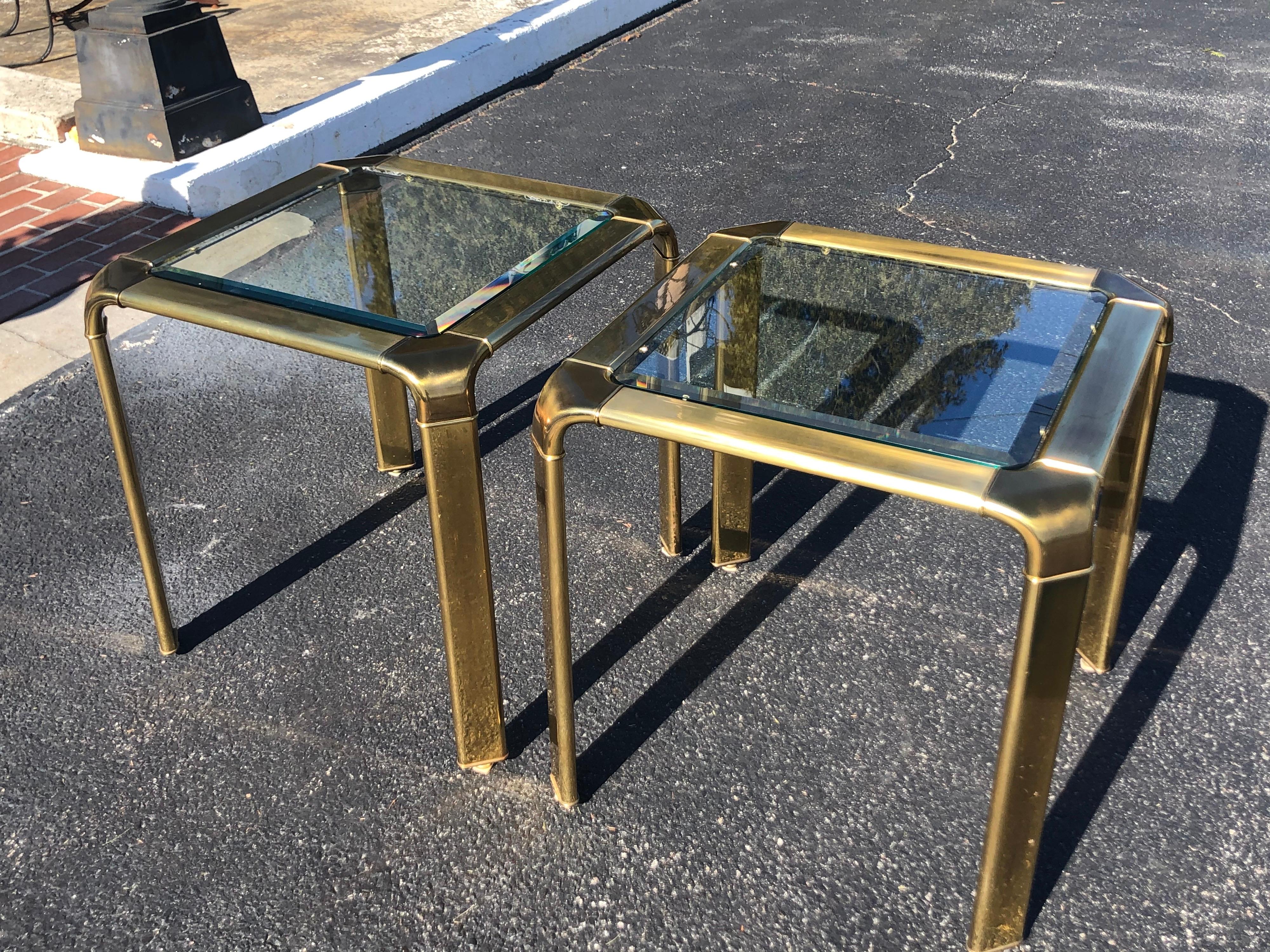 Pair of John Widdicomb Brass and Glass Waterfall Tables 1