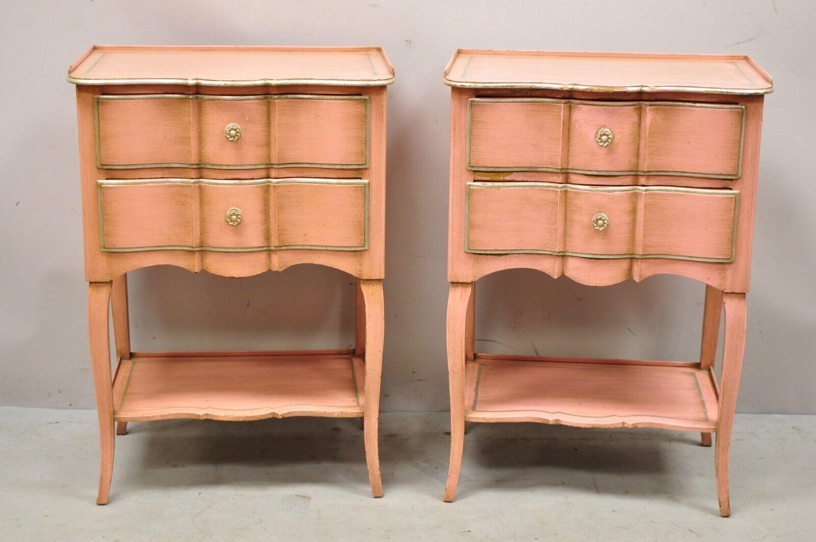 Pair of Vintage John Widdicomb Bubblegum Pink French Hollywood Regency Style Nightstands. Item features bubblegum pink custom vintage finish, silver painted accents, serpentine front, lower shelf, original label, 2 dovetailed drawers, very nice