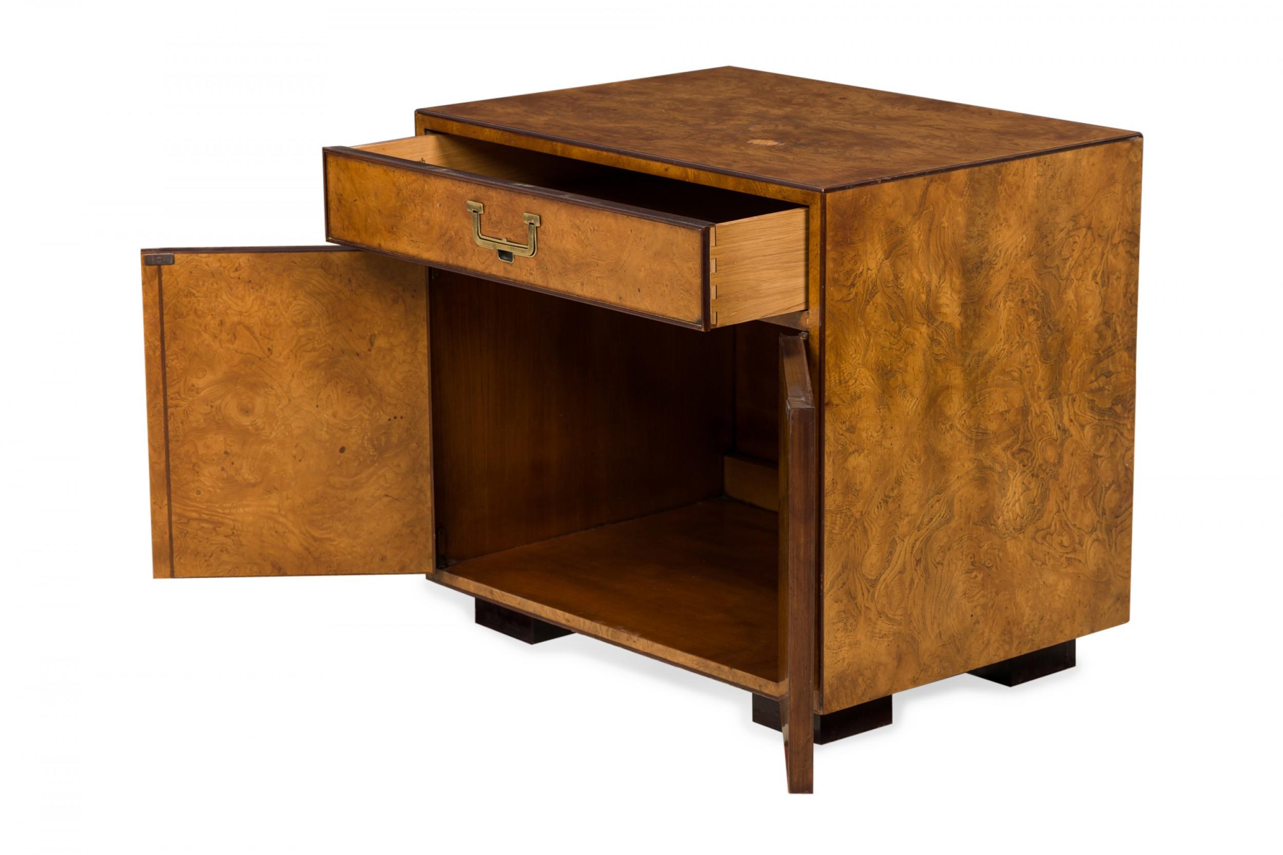 20th Century Pair of John Widdicomb Burl Veneer and Brass Nightstands / Commodes For Sale