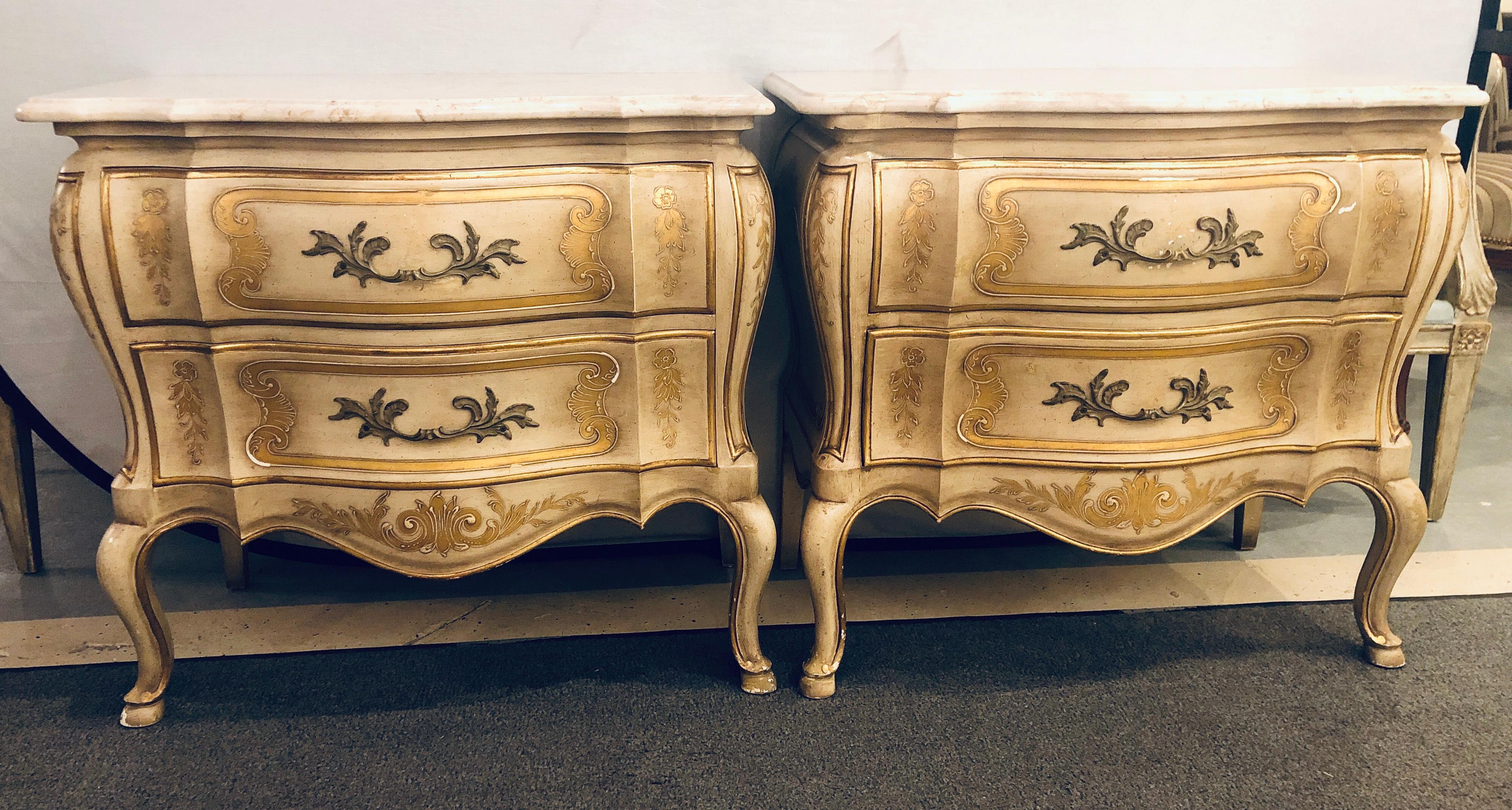 Pair of John Widdicomb Louis XV Style Marble Top Bombe Commodes or Nightstands In Good Condition In Manhasset, NY