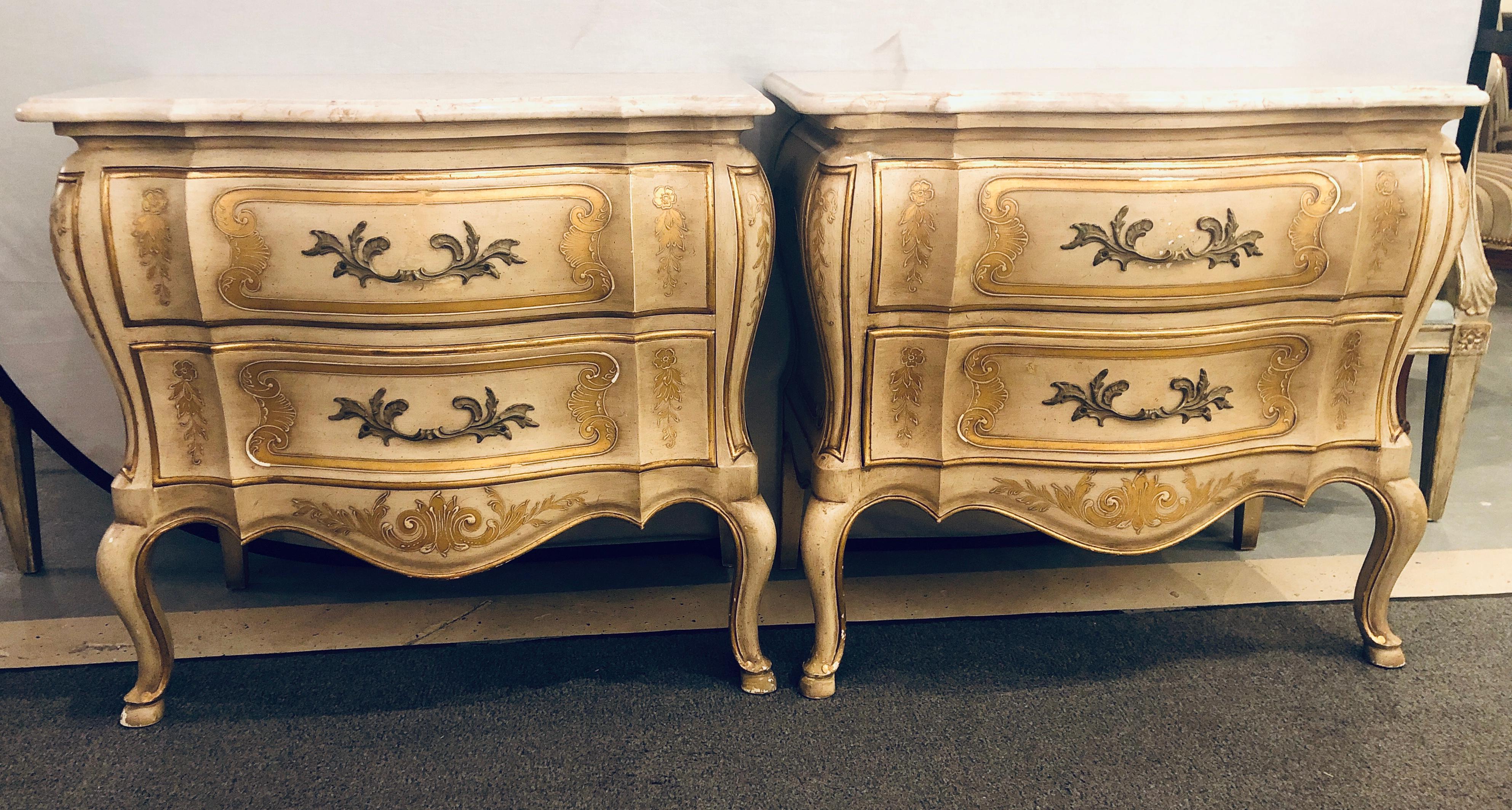 Pair of John Widdicomb Louis XV Style Marble Top Bombe Commodes or Nightstands In Good Condition In Stamford, CT