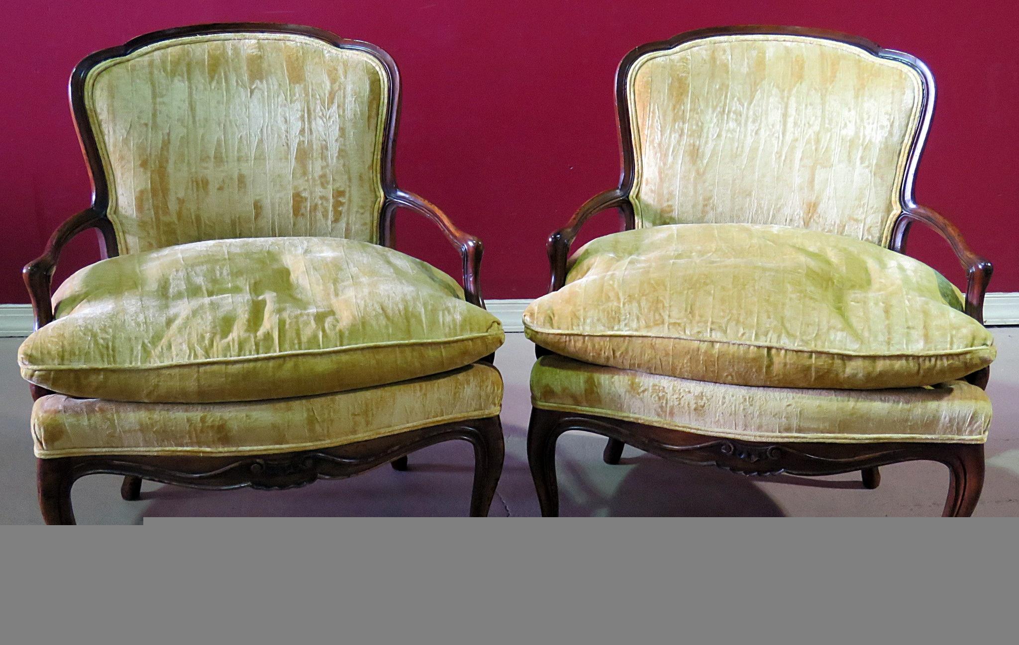 Pair of John Widdicomb Louis XVI style armchairs with textured upholstery.