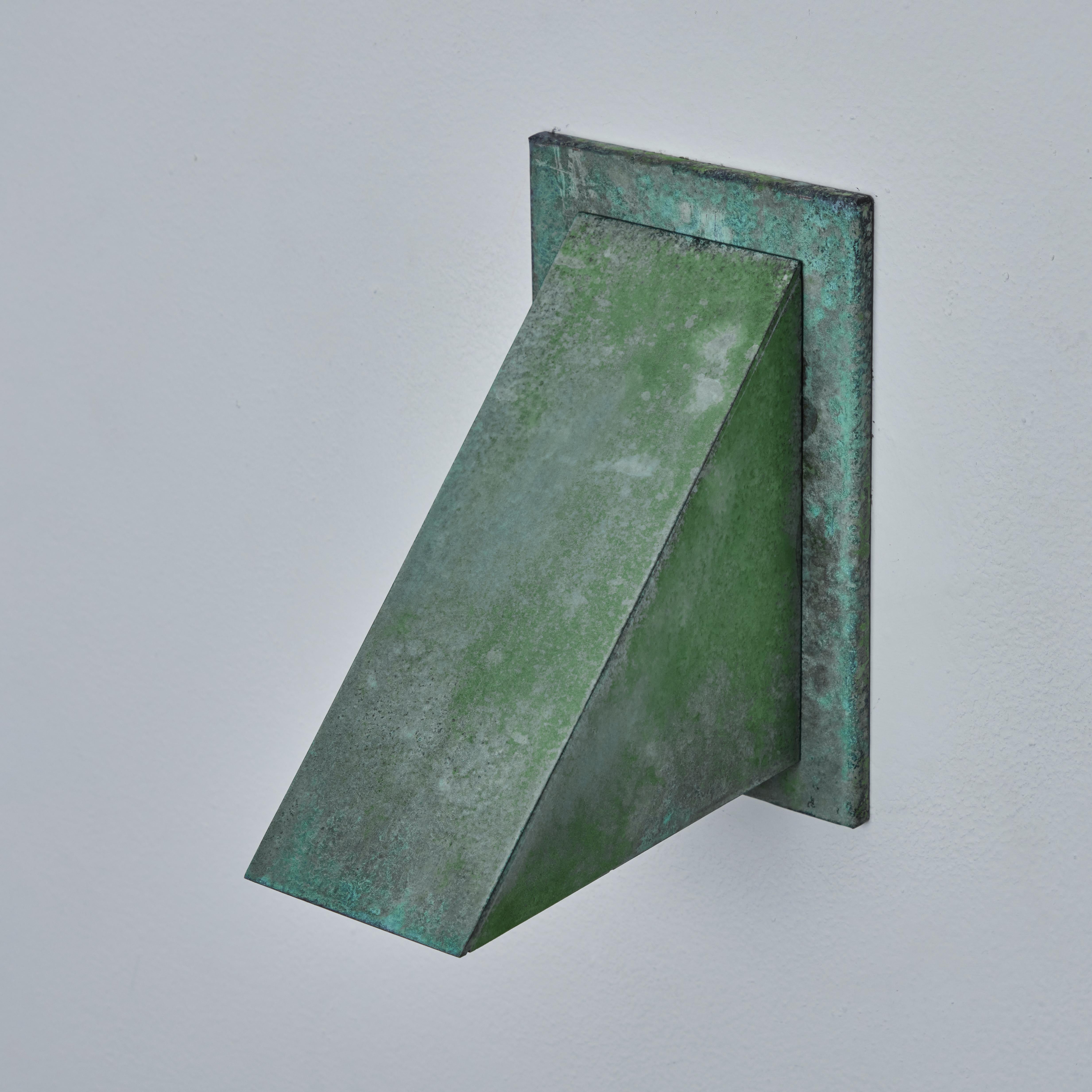 Pair of Jonas Bohlin 'Oxid' Verdigris Patinated Outdoor Wall Lights for Örsjö. Executed in rich verdigris patinated metal with an opaline glass diffuser. An incredibly refined and clean geometric design that is quintessentially Scandinavian. For