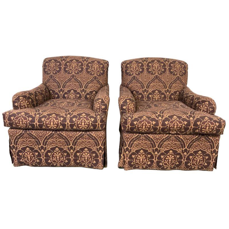Pair of Jonas Burgundy and Gold Upholstered Club Chairs In Good Condition In Locust Valley, NY