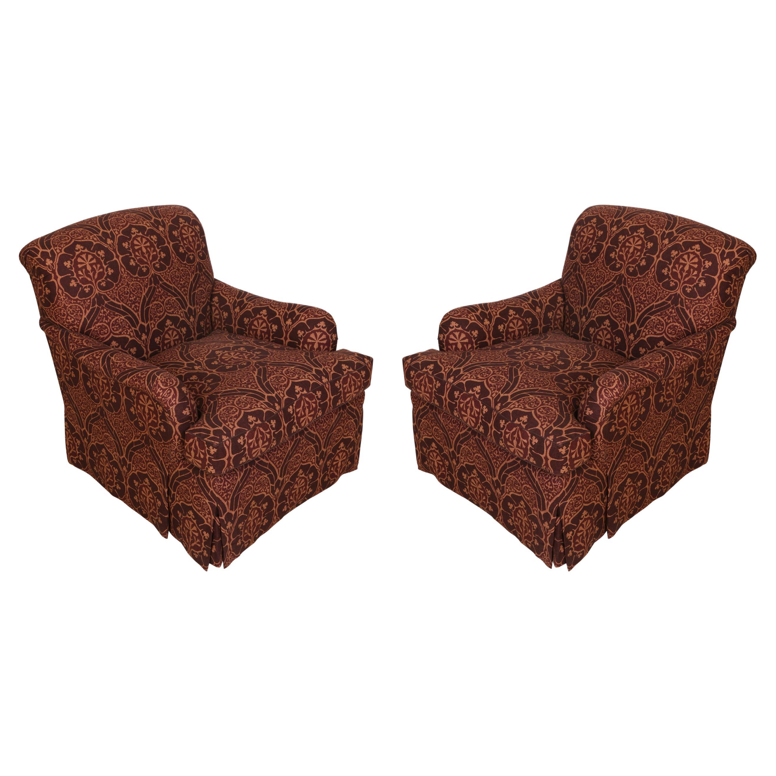 Pair of Jonas Burgundy and Gold Upholstered Club Chairs