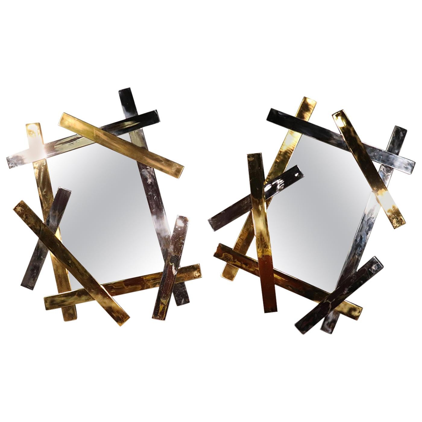 Pair of Jonathan Adler Electrum Horizontal or Vertical Brass Mirrors 
