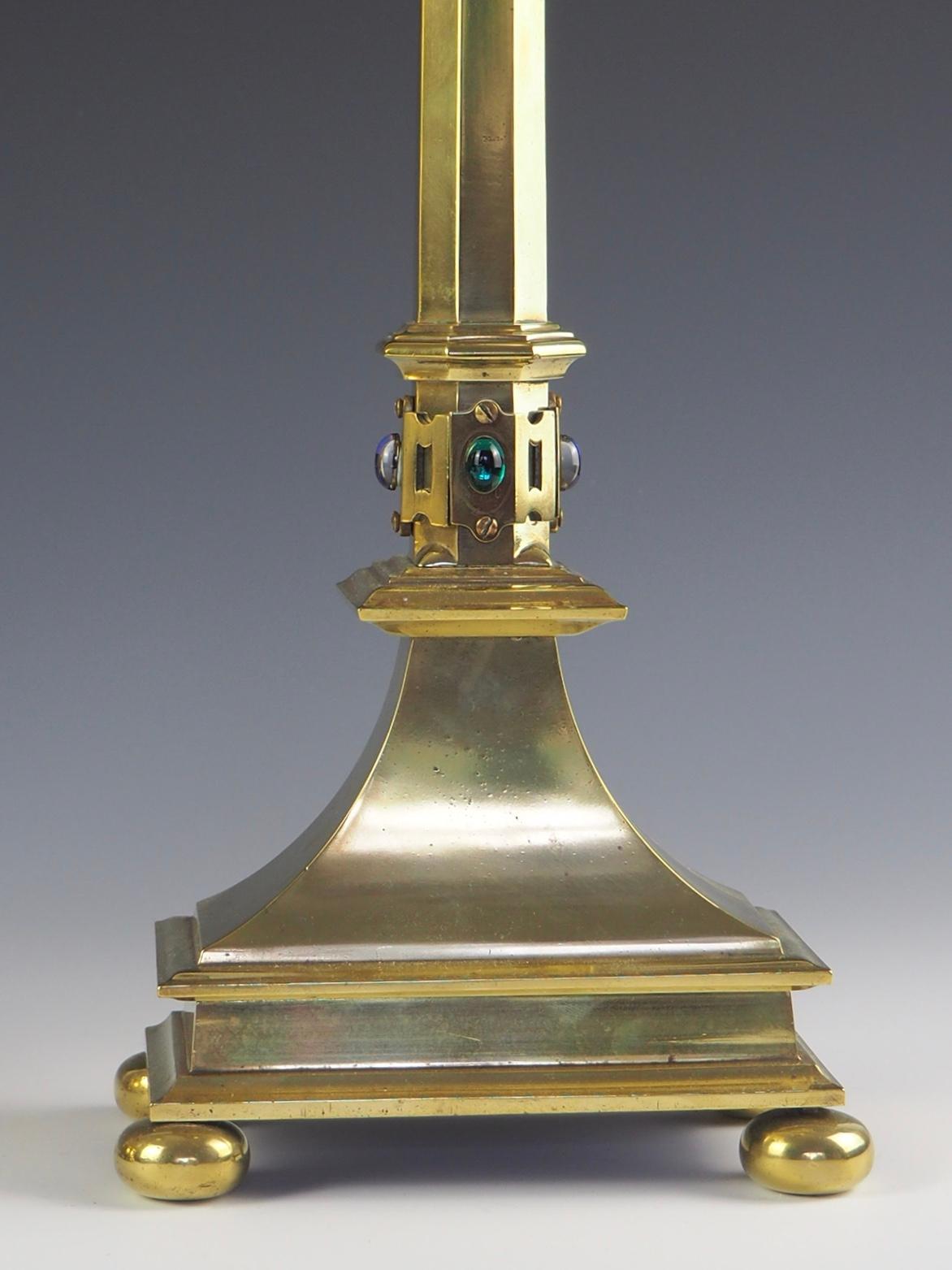 Pair of Jones and Willis Church Brass Tall Candlesticks with Cabouchon Stones 8