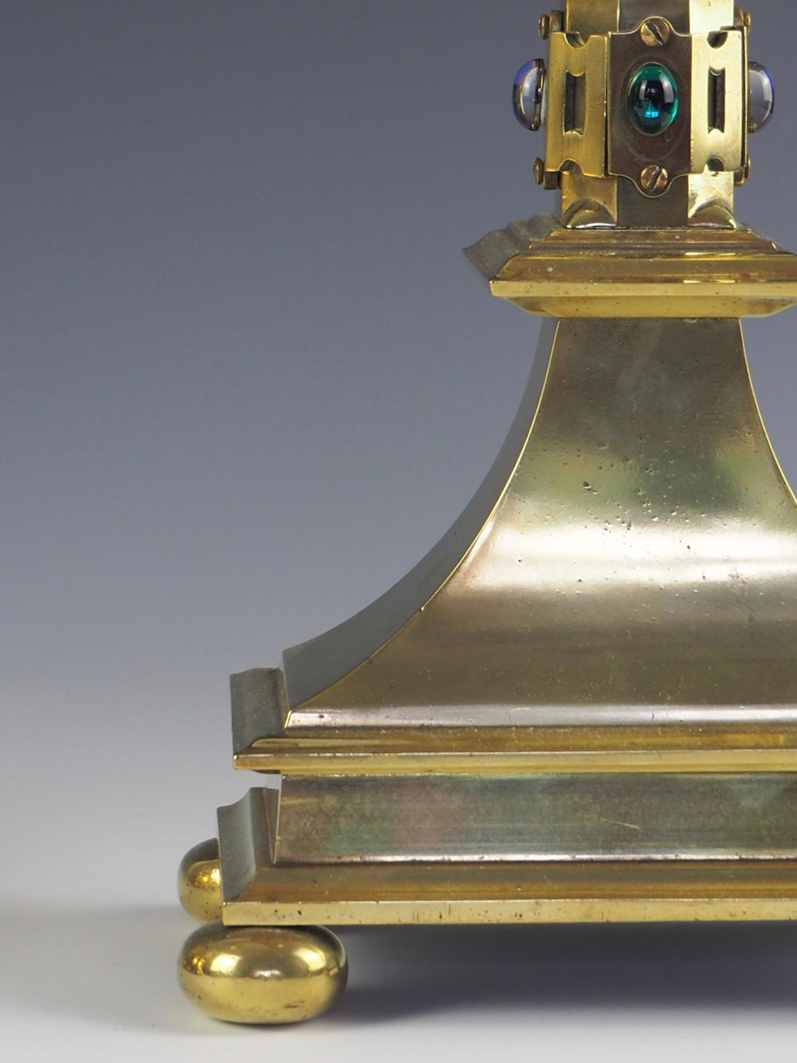 Pair of Jones and Willis Church Brass Tall Candlesticks with Cabouchon Stones 9