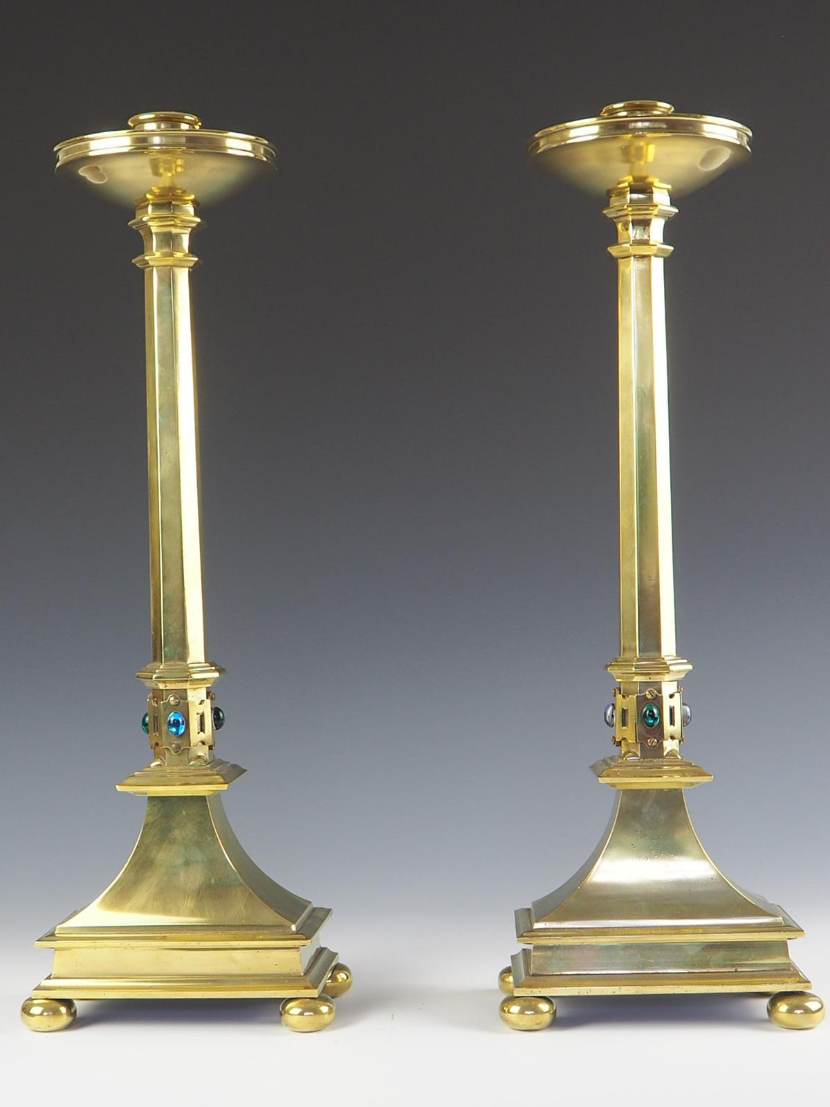 Pair of Jones and Willis Church Brass Tall Candlesticks with Cabouchon Stones 11