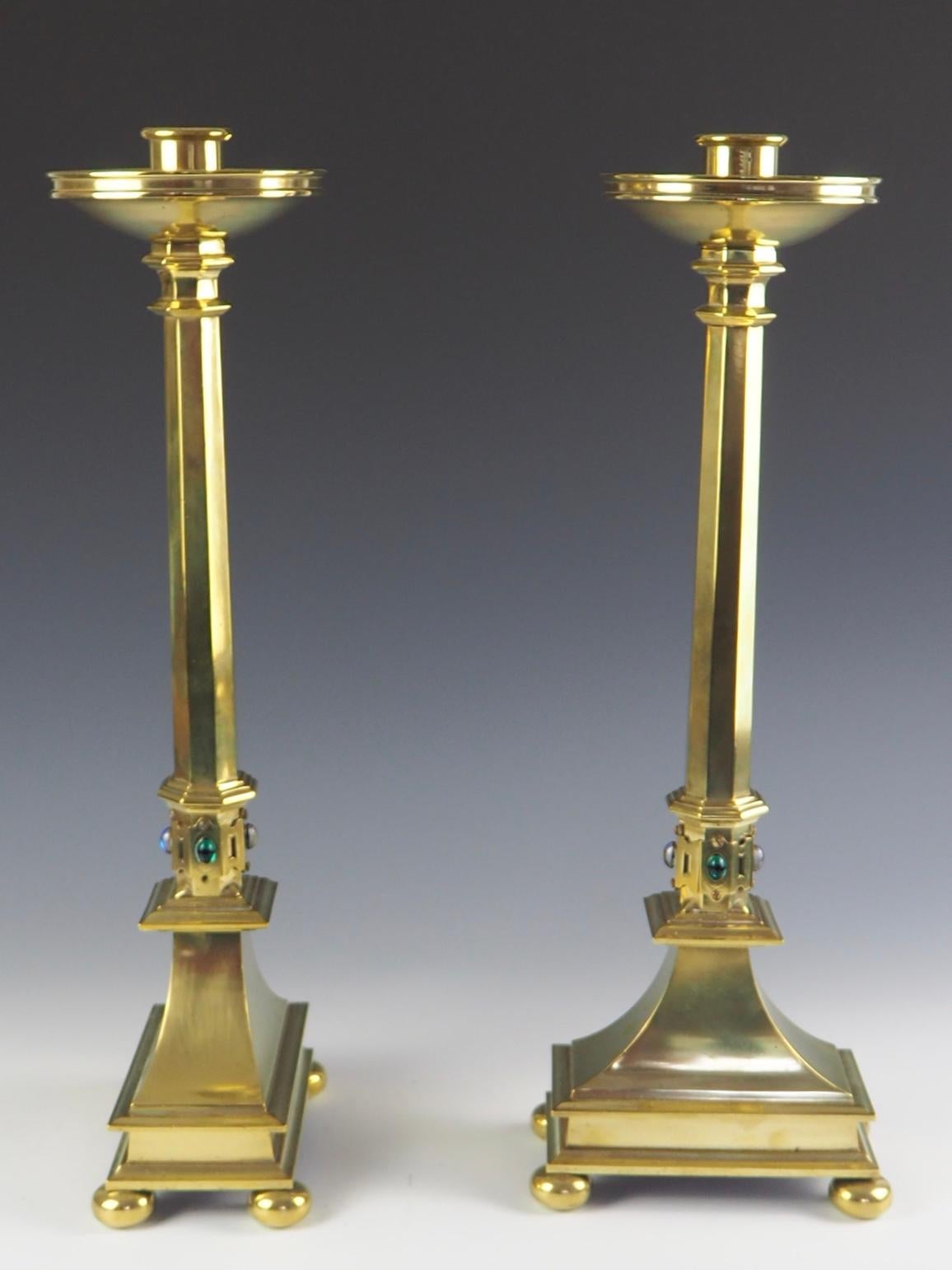 Pair of Jones and Willis Church Brass Tall Candlesticks with Cabouchon Stones In Good Condition In Lincoln, GB