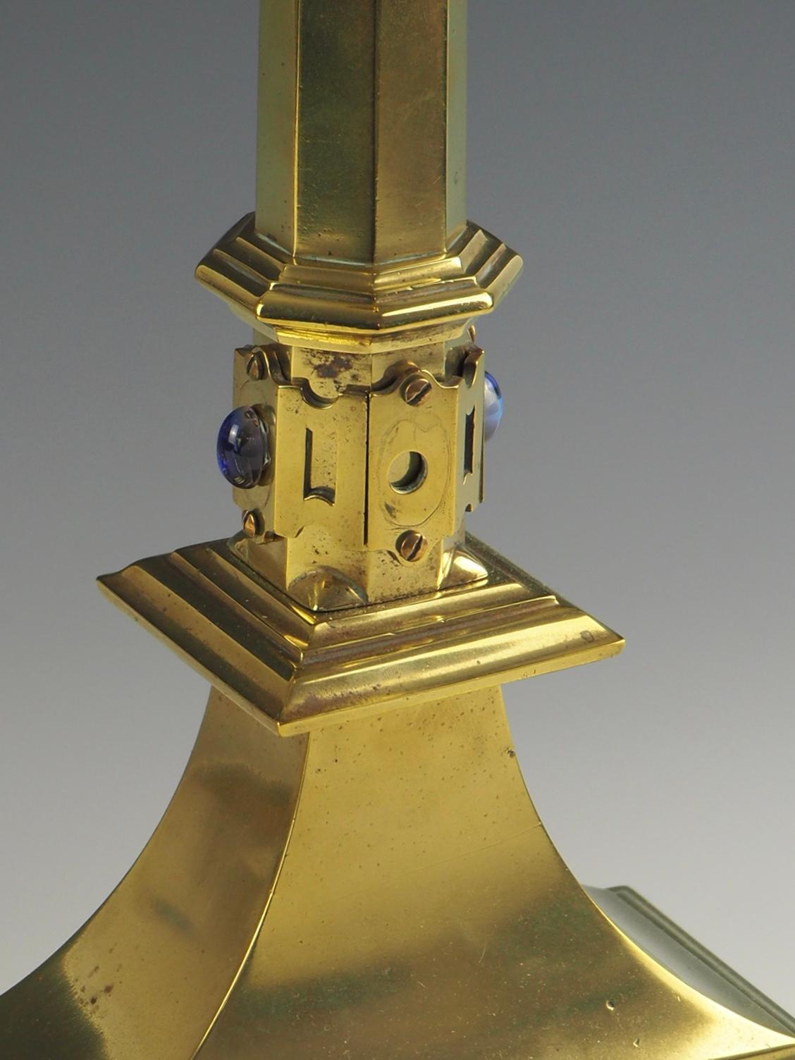 20th Century Pair of Jones and Willis Church Brass Tall Candlesticks with Cabouchon Stones