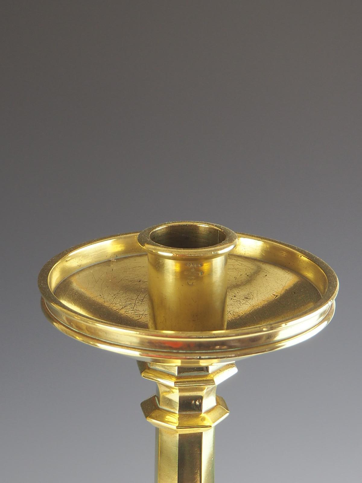 Pair of Jones and Willis Church Brass Tall Candlesticks with Cabouchon Stones 1