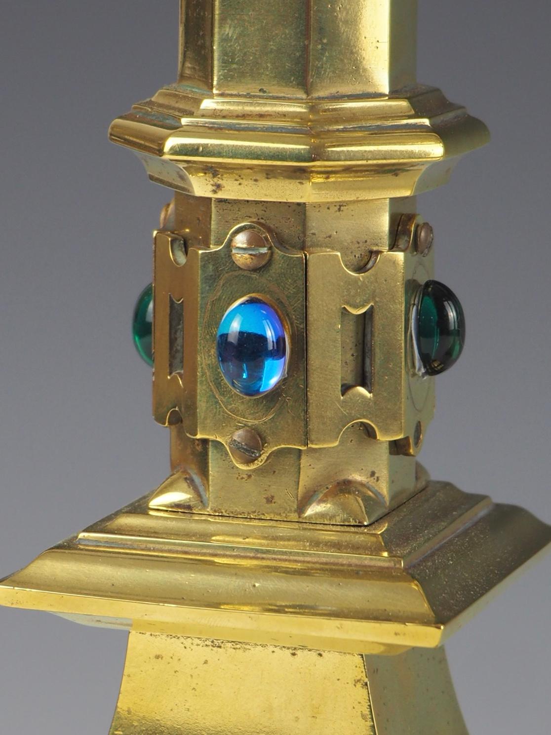 Pair of Jones and Willis Church Brass Tall Candlesticks with Cabouchon Stones 2