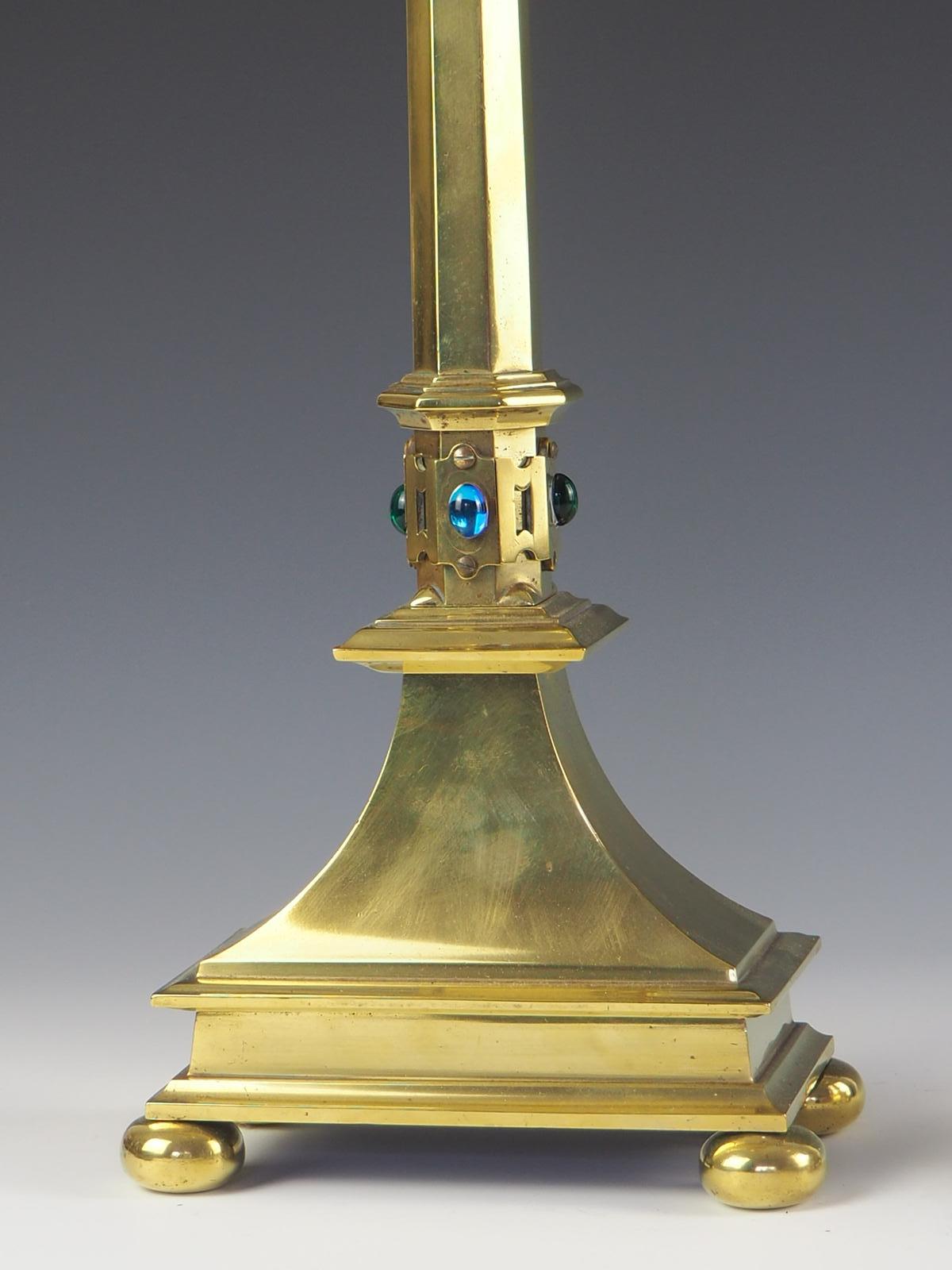 Pair of Jones and Willis Church Brass Tall Candlesticks with Cabouchon Stones 4