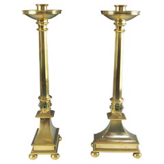 Pair of Jones and Willis Church Brass Tall Candlesticks with Cabouchon Stones