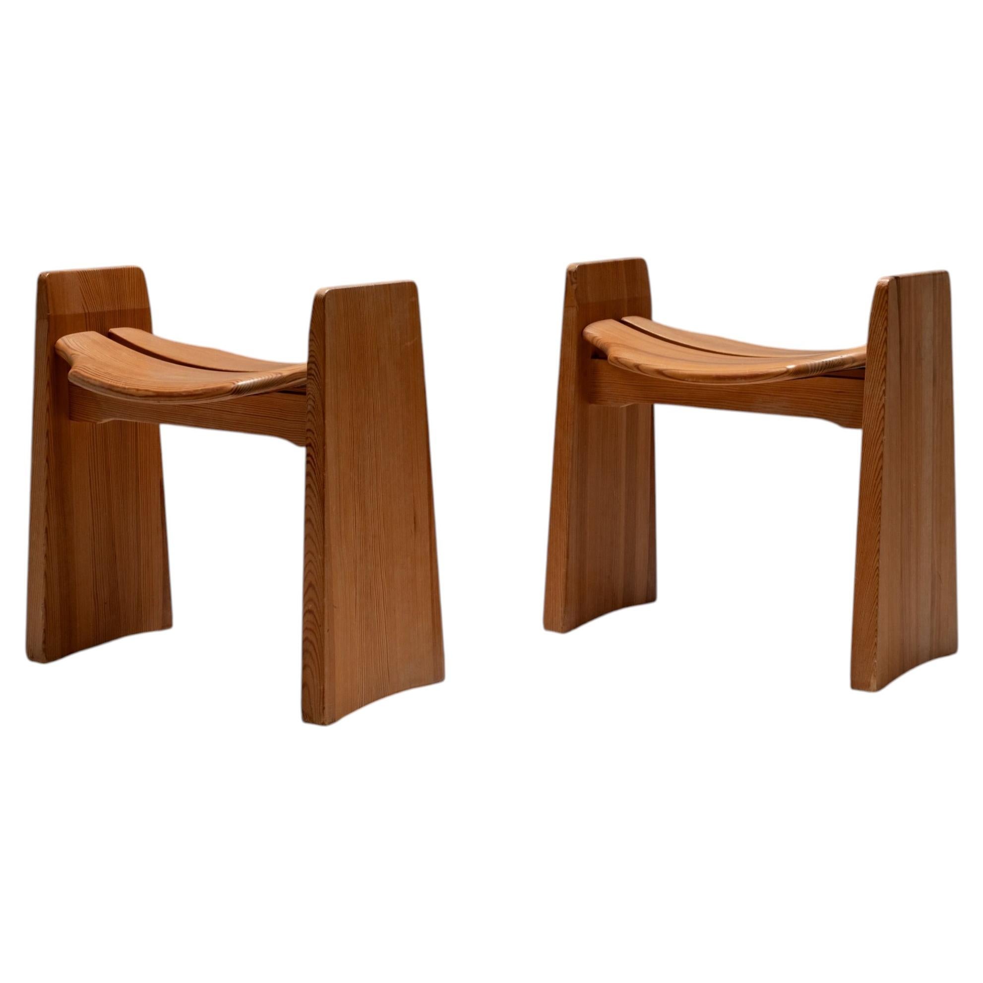 Pair of ‘Jonte’ pine stool by Gilbert Marklund for Furusnickarn AB, Sweden 1970s For Sale