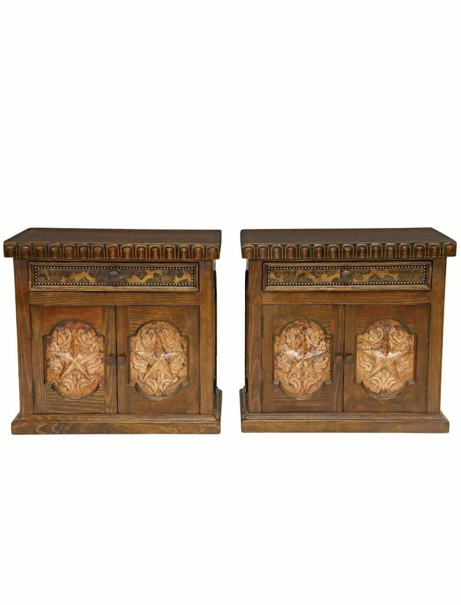 Pair of Jorge Kurczyn Hacienda Santa Klara Lone Star Solid Wood Cabinets In Good Condition For Sale In Forney, TX