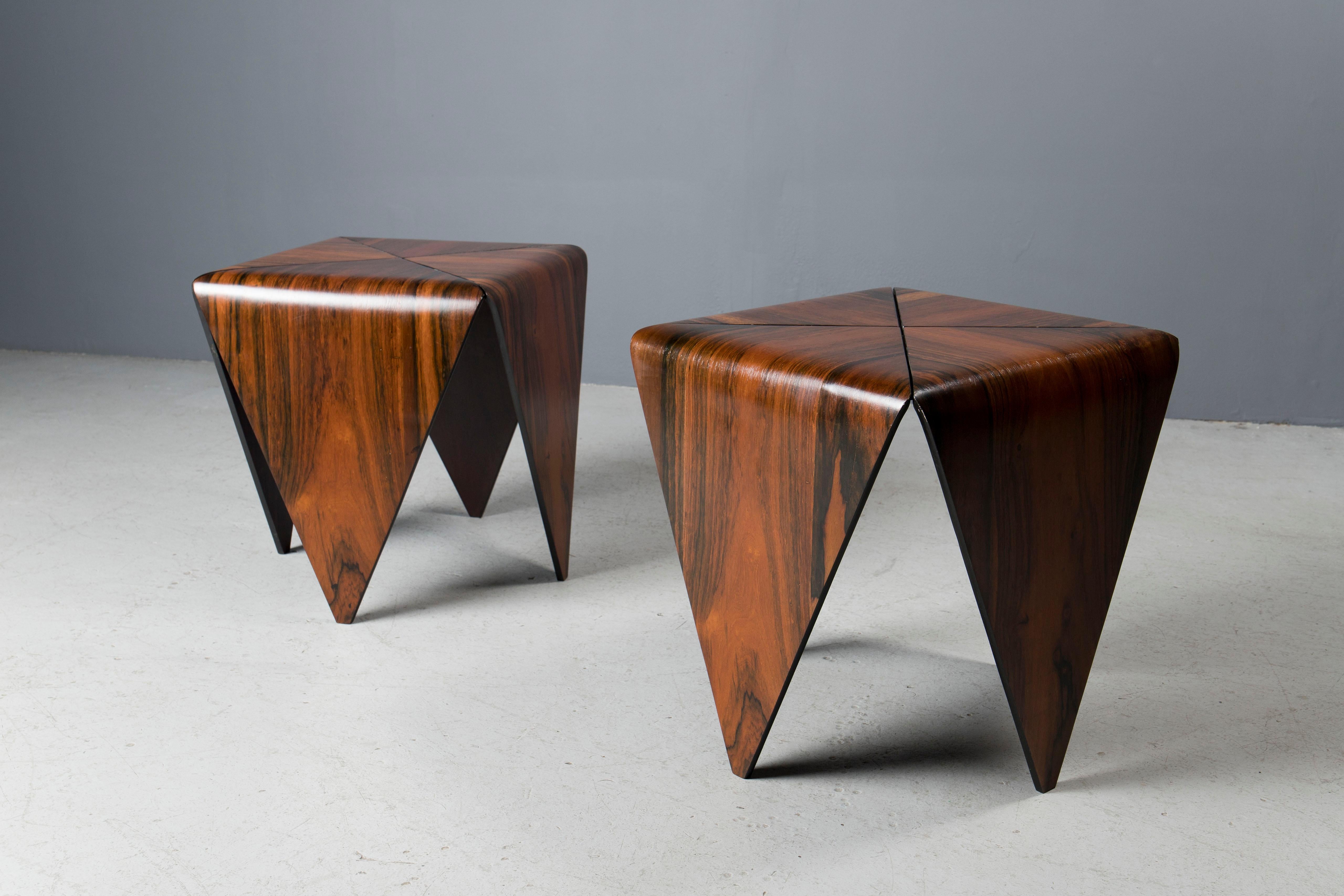 Pair of exceptional Jorge Zalszupin Brazilian rosewood petalas side table from the 1950s.