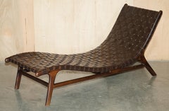 PAIR OF JOSE ZANINE CALDAS STYLE DANISH WALNUT WOVEN LEATHER CHAISE LOUNGE CHAiR