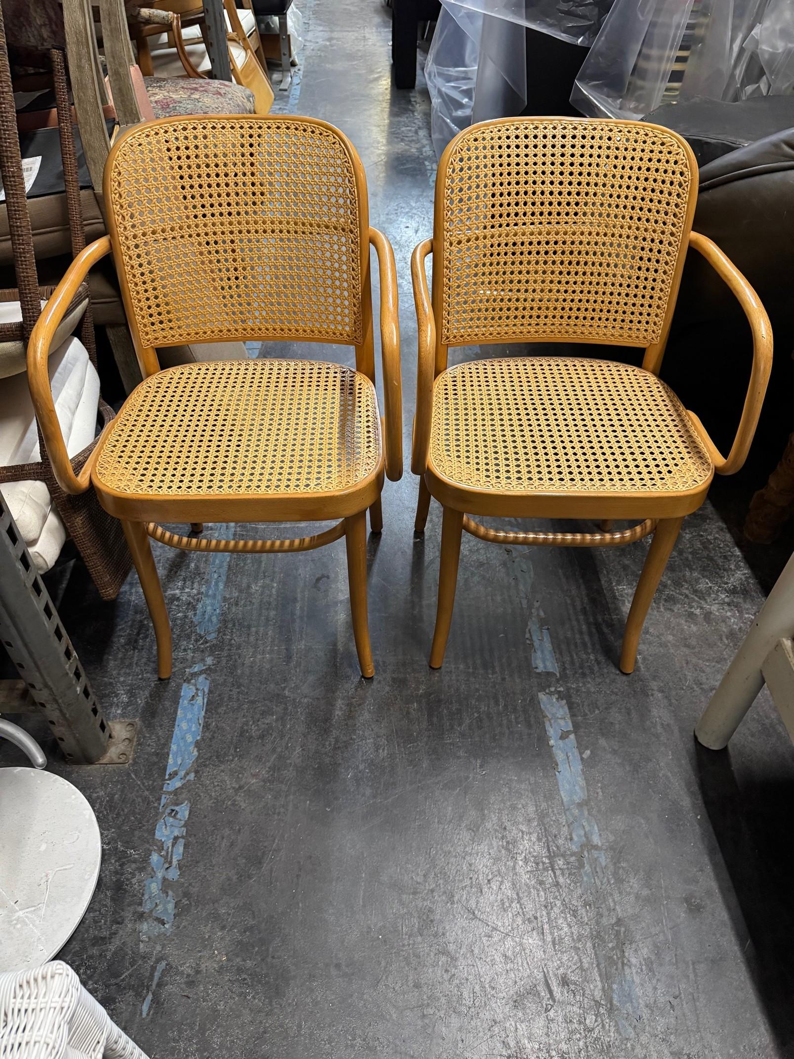 Mid-Century Modern Pair of Josef Hoffman for Thonet Bentwood and Cane Armchairs