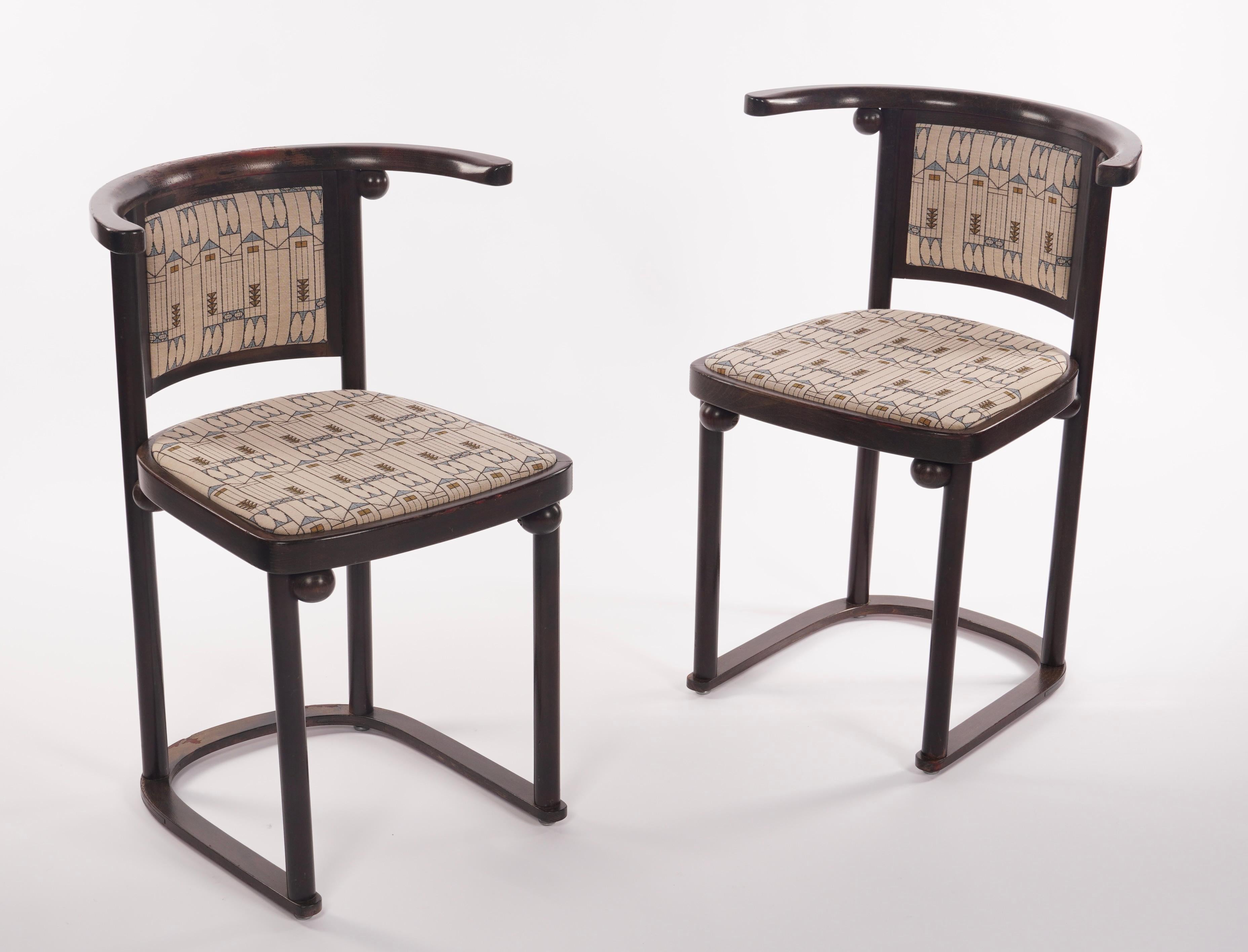 1950s vintage Josef Hoffmann (1870-1956) Fledermaus side / dining chairs by Wittman of Austria. Original finish to the frames with a wonderful patina and upholstered in new old stock Hoffman fabrc imported from Austria. The original chairs were
