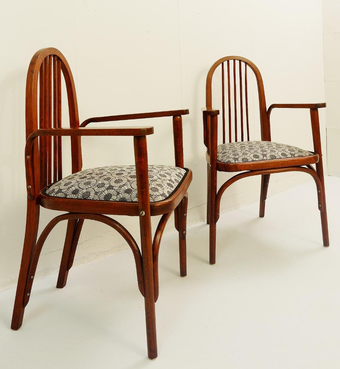 Pair of Josef Hoffmann for Thonet armchairs, new upholstery by Backhausen fabric, circa 1900.