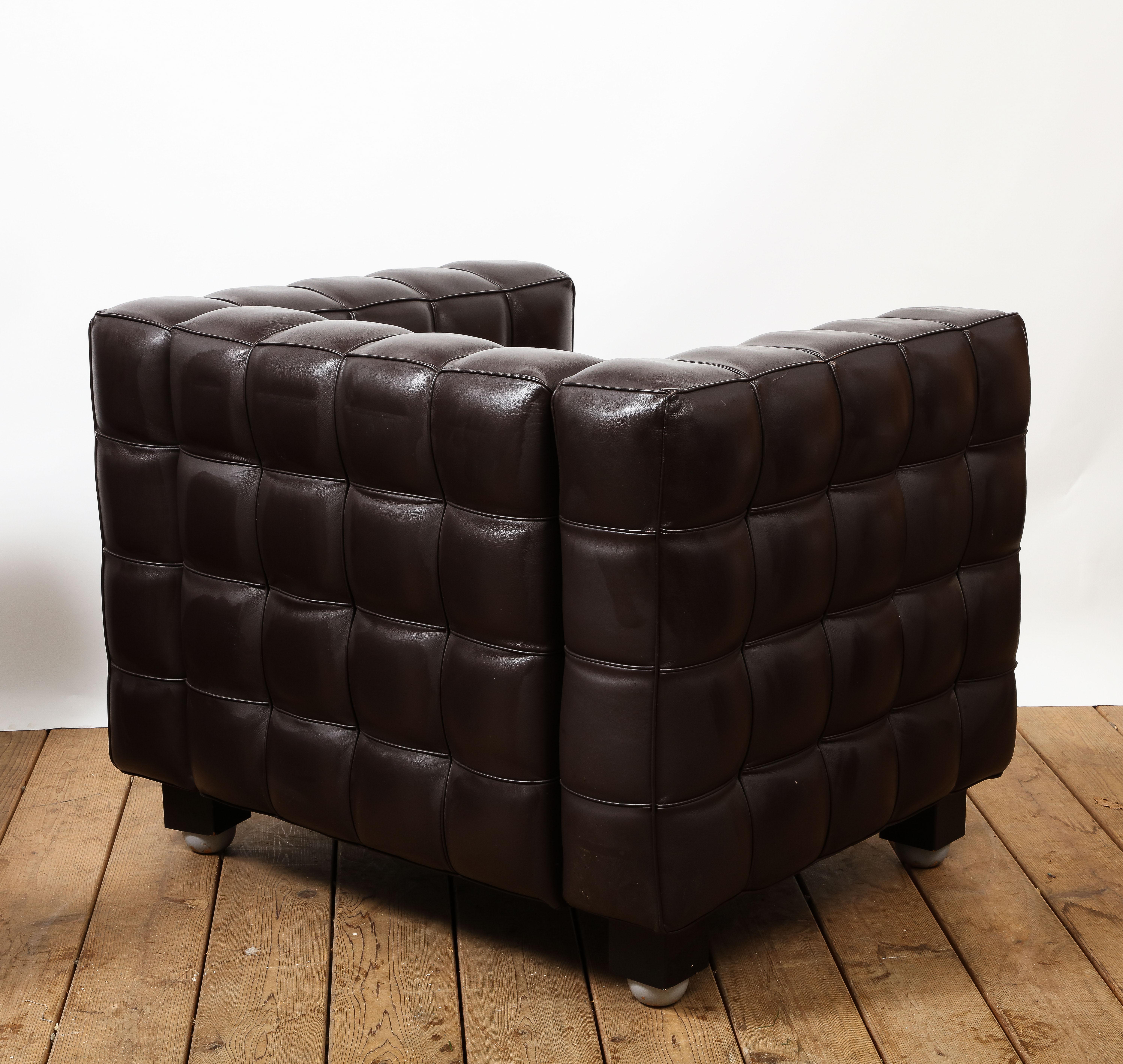 Pair of Josef Hoffmann for Wittmann Kubus Chairs in Dark Brown Leather 4