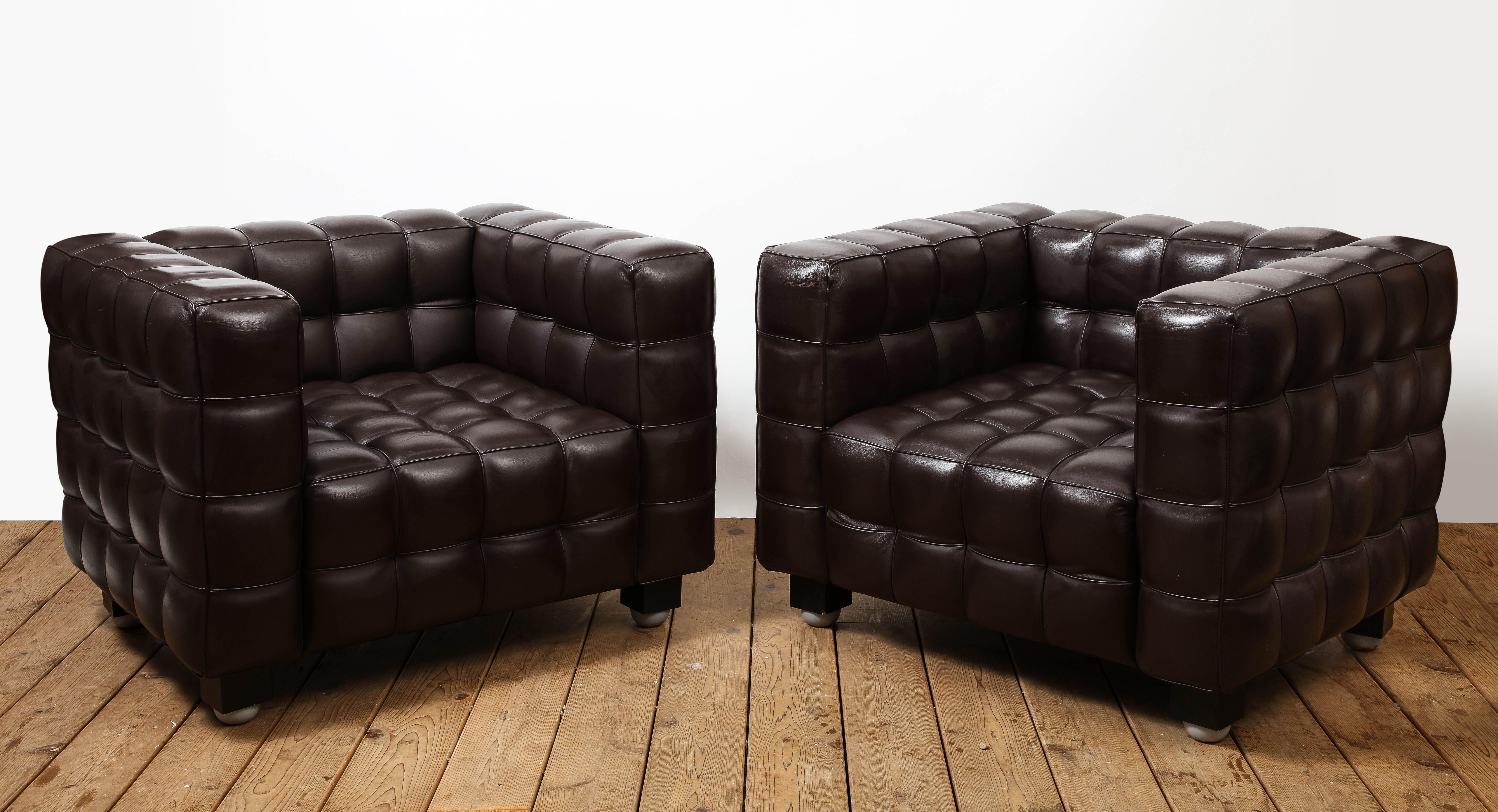 Modern Pair of Josef Hoffmann for Wittmann Kubus Chairs in Dark Brown Leather