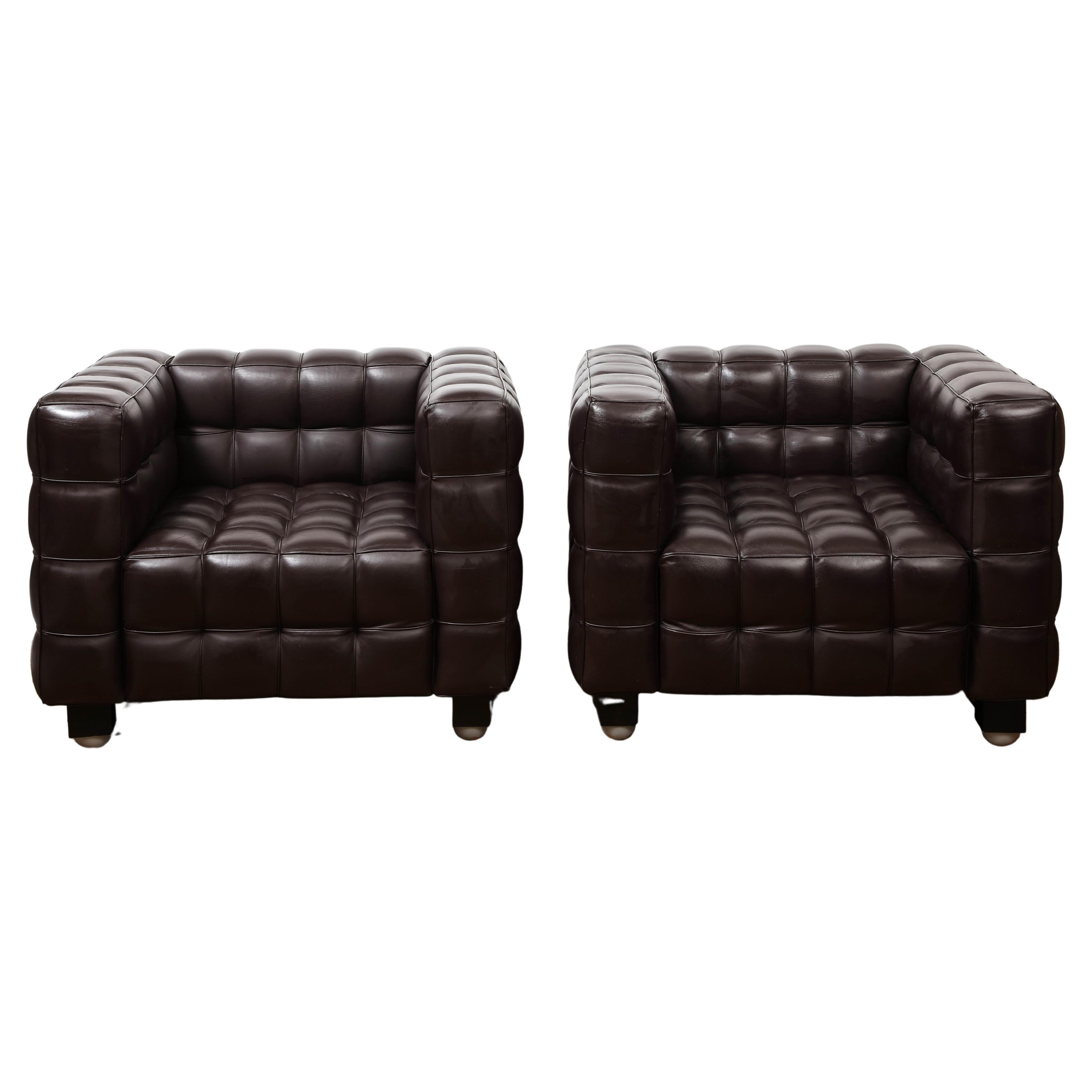 Pair of Josef Hoffmann for Wittmann Kubus Chairs in Dark Brown Leather