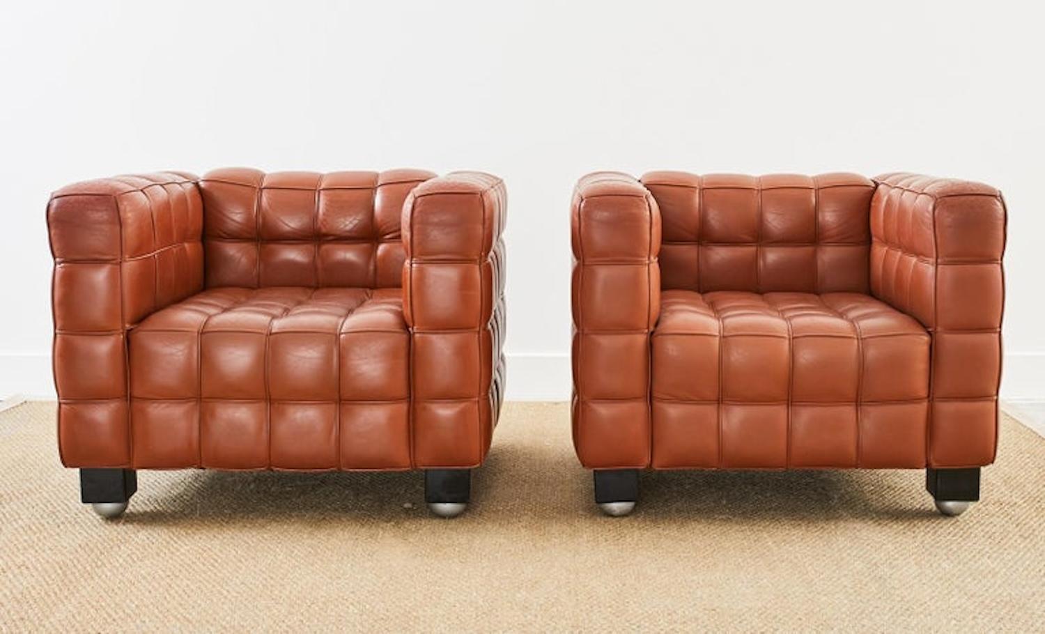 Modern Pair of Josef Hoffmann Leather Kubus Armchairs by Wittmann