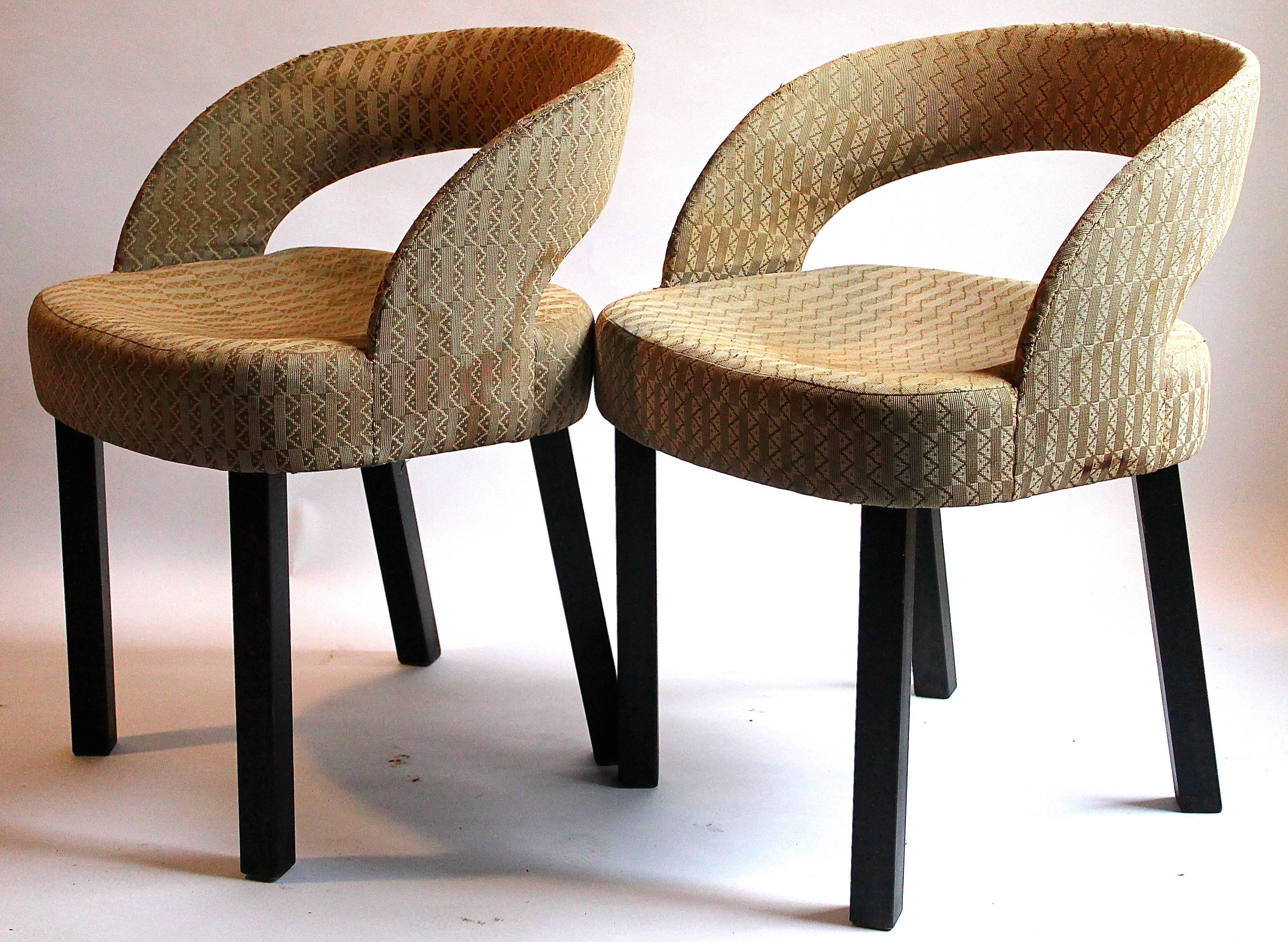 Extremely rare pair of Wiener Werkstätte upholstered chairs. In the original Wiener Werkstatte fabric. All designed by Josef Hoffmann. Original condition-museum quality pieces. Provenance: Walter P. Chrysler.