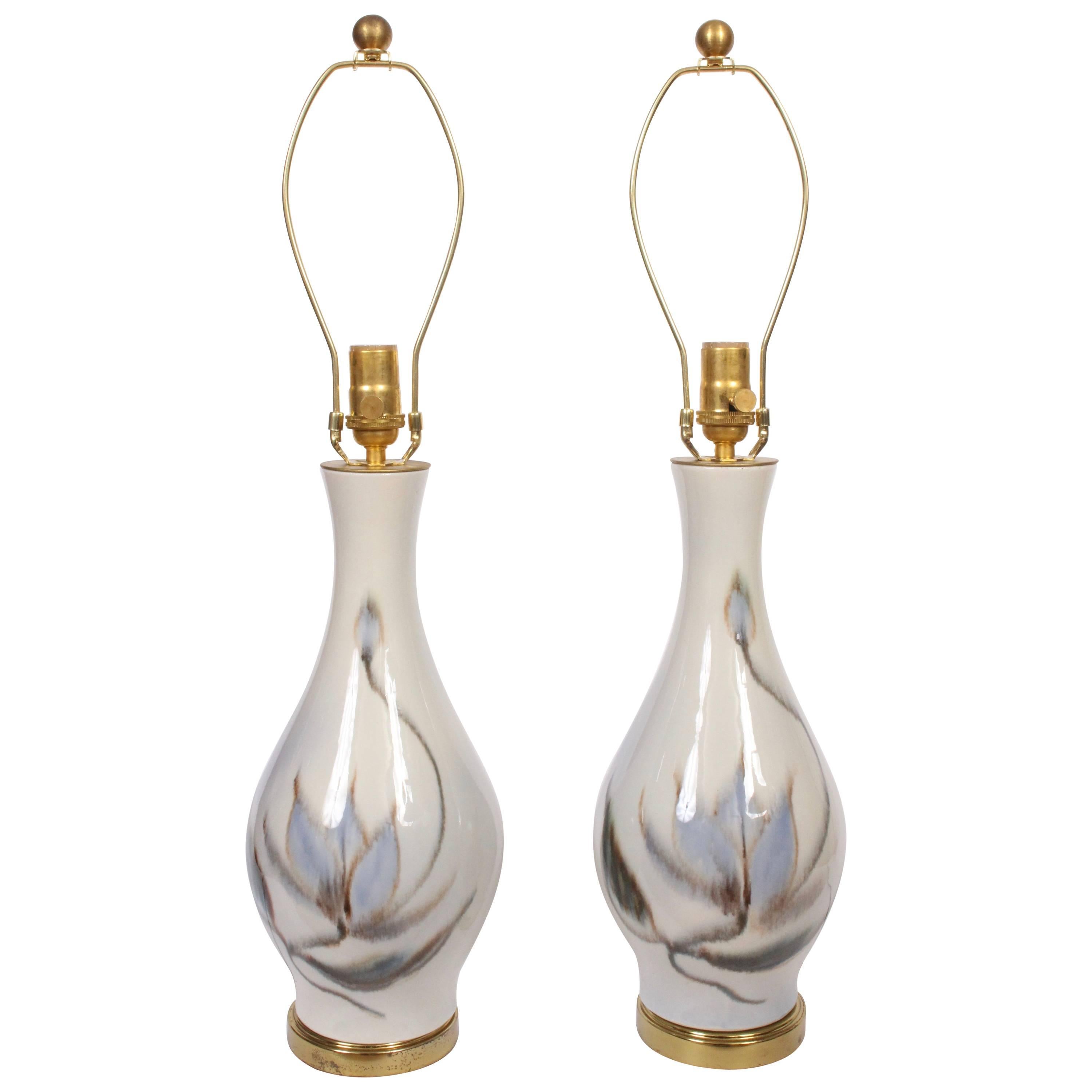 Pair of Joseph Von Tury French Blue "Lotus" Porcelain Bedside Lamps, 1950s