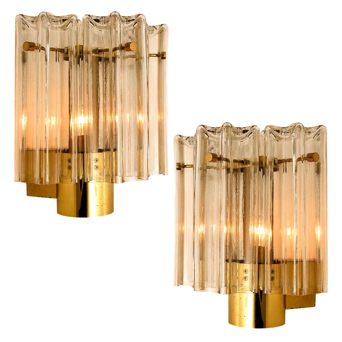 Pair of J.T Kalmar Clear Glass and Brass Wall Lights, Austria, 1960 For Sale