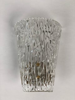 Pair of J.T. Kalmar Midcentury Wall Lights, Textured Glass and Brass