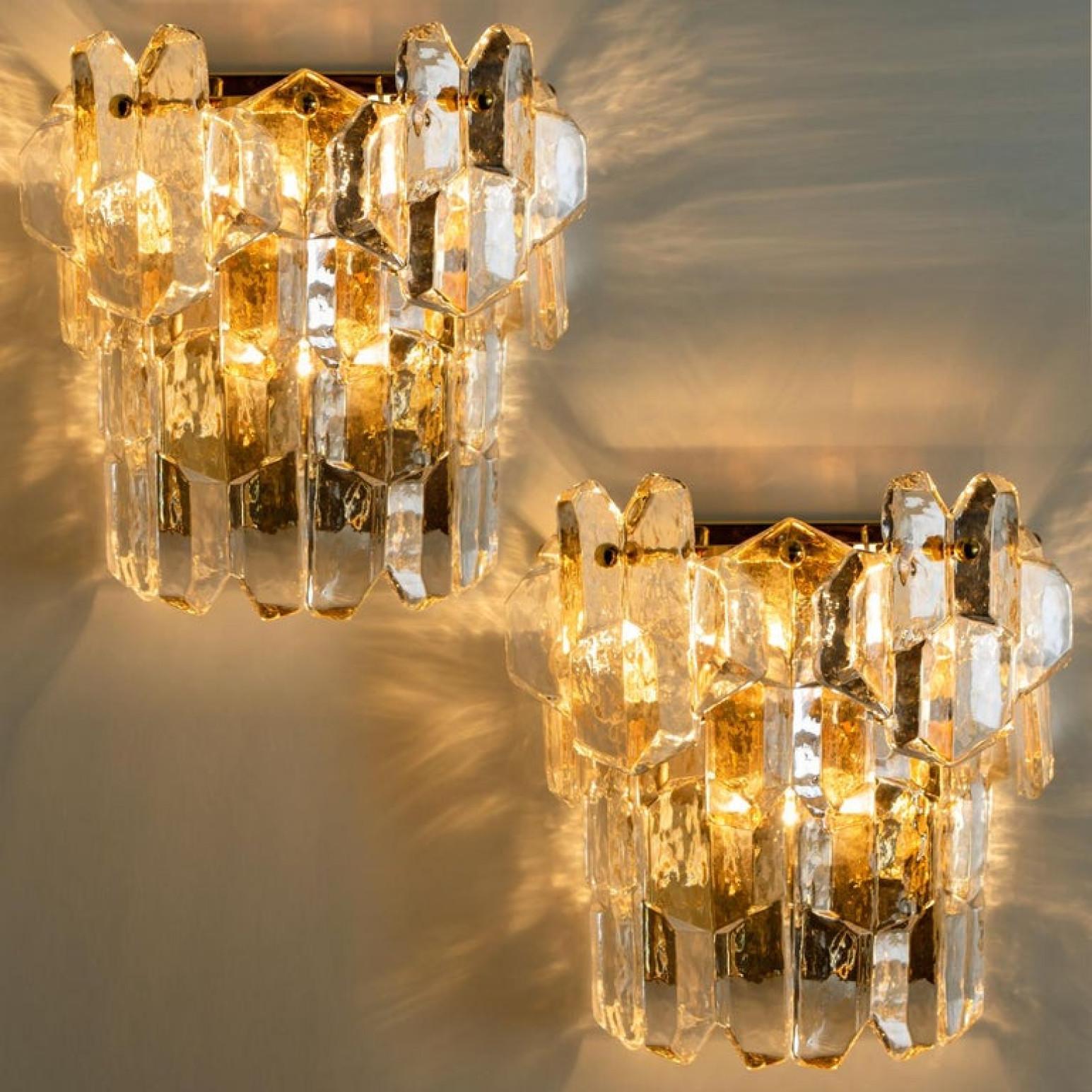 Mid-Century Modern Pair of J.T. Kalmar 'Palazzo' Wall Light Fixtures Brass and Glass, 1970s For Sale