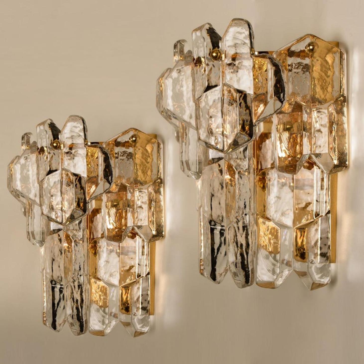 Austrian Pair of J.T. Kalmar 'Palazzo' Wall Light Fixtures Brass and Glass, 1970s For Sale