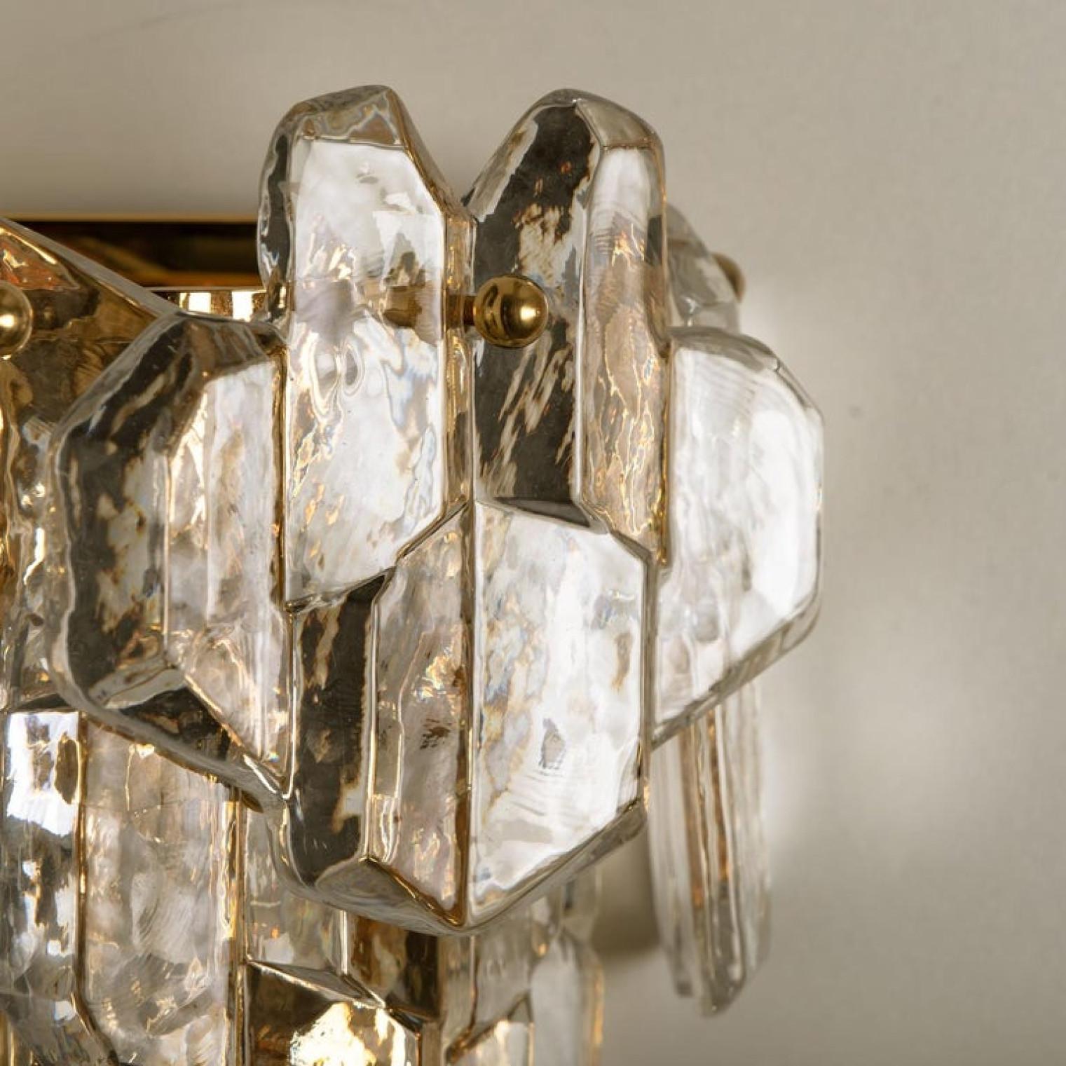 Gilt Pair of J.T. Kalmar 'Palazzo' Wall Light Fixtures Brass and Glass, 1970s For Sale