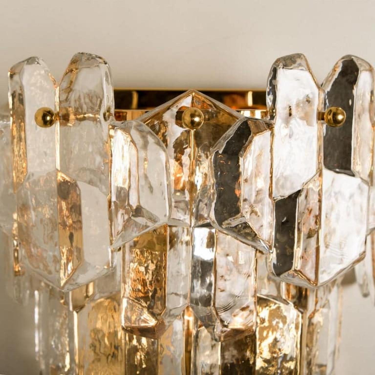 Gilt Pair of J.T. Kalmar 'Palazzo' Wall Light Fixtures Brass and Glass, 1970s For Sale