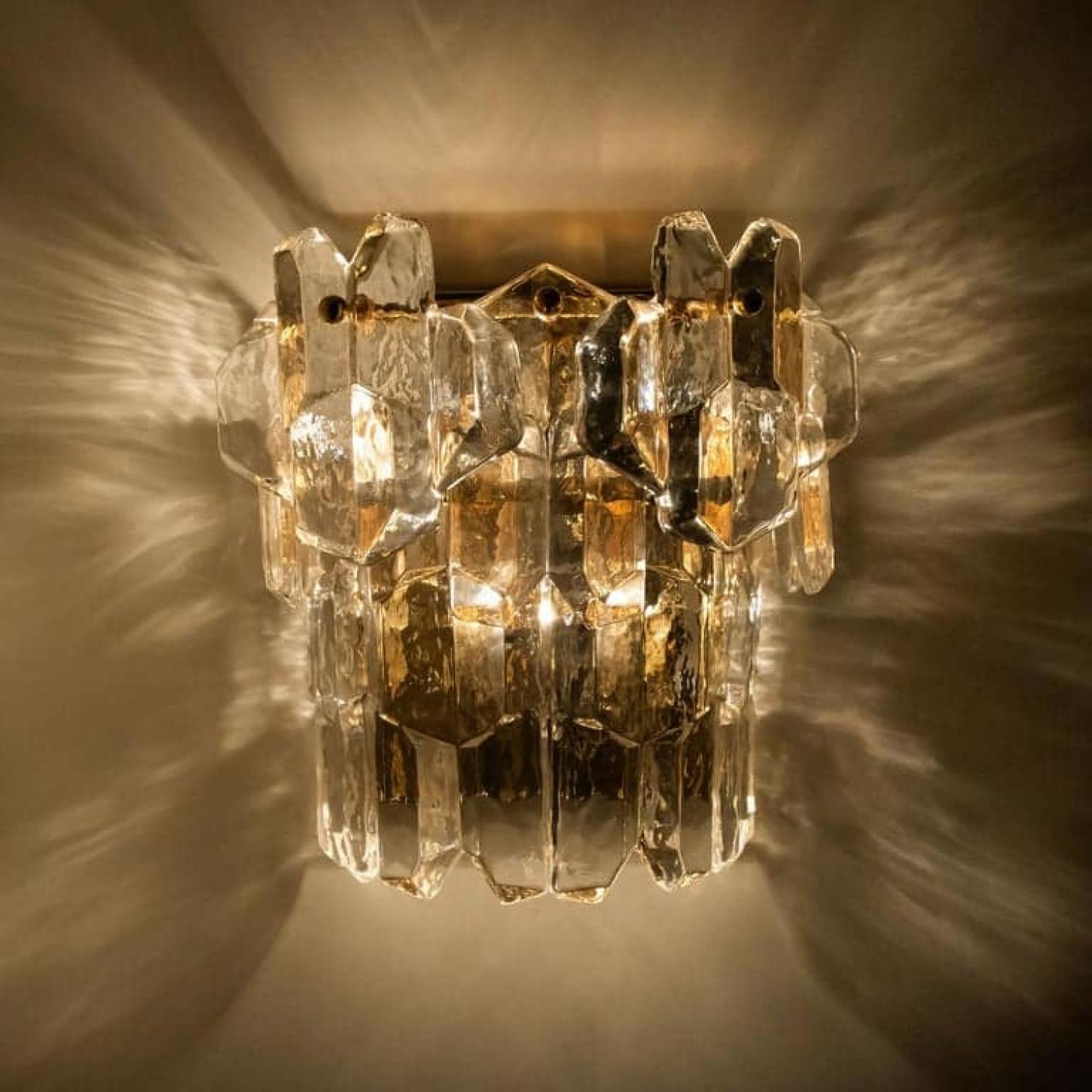 Pair of J.T. Kalmar 'Palazzo' Wall Light Fixtures Brass and Glass, 1970s In Good Condition For Sale In Rijssen, NL