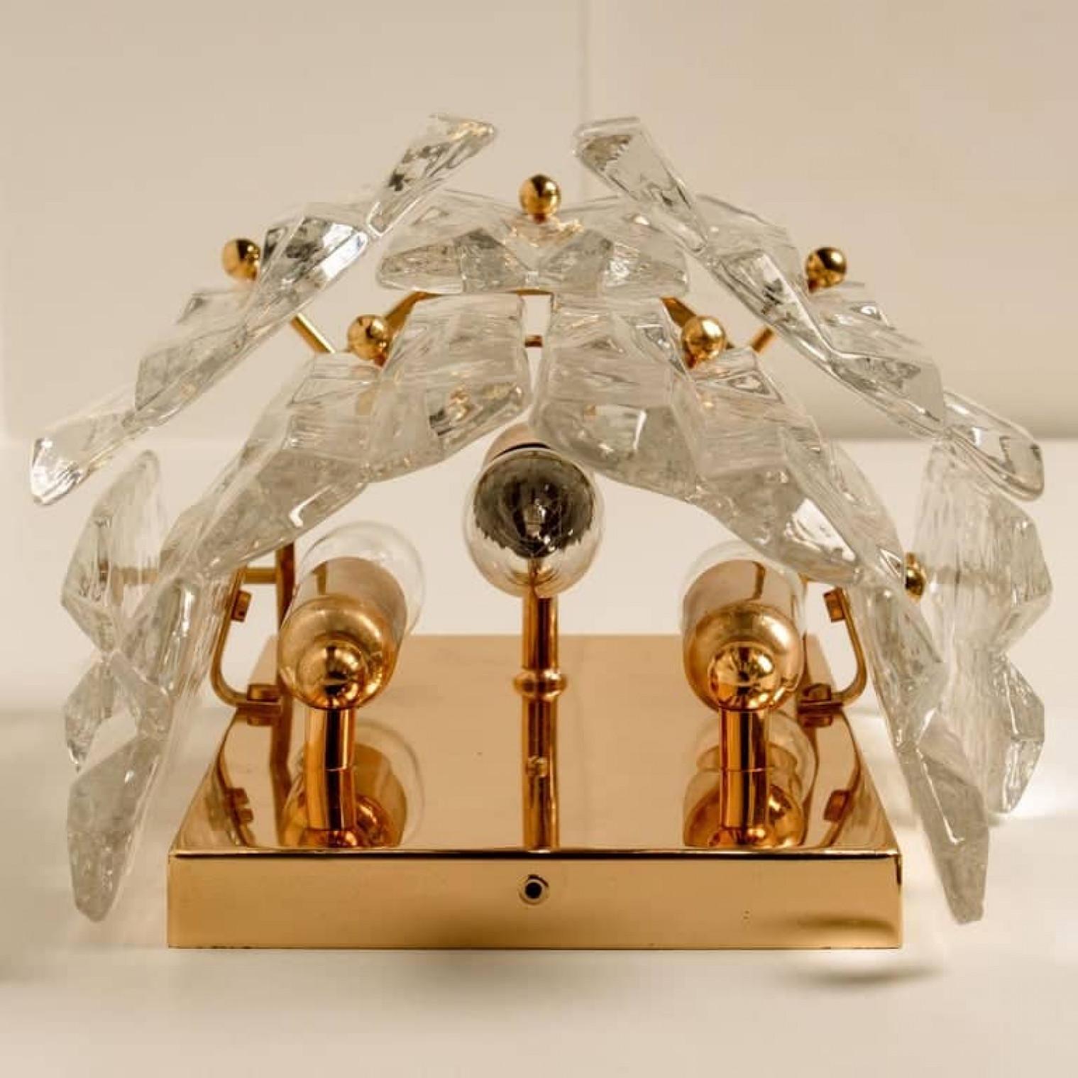 Late 20th Century Pair of J.T. Kalmar 'Palazzo' Wall Light Fixtures Brass and Glass, 1970s For Sale