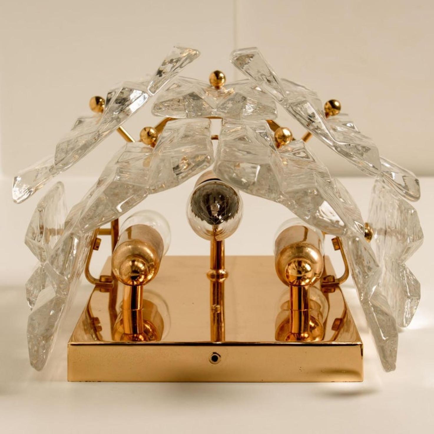 Gold Plate Pair of J.T. Kalmar 'Palazzo' Wall Light Fixtures Brass and Glass, 1970s For Sale