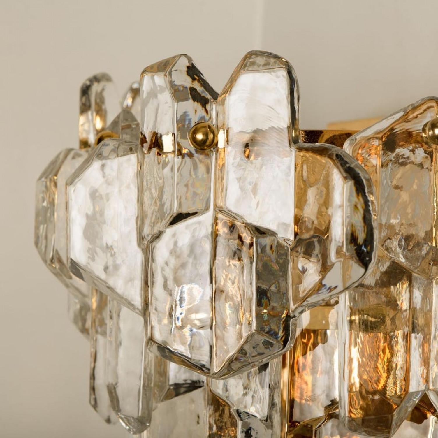 Gold Plate Pair of J.T. Kalmar 'Palazzo' Wall Light Fixtures Brass and Glass, 1970s For Sale