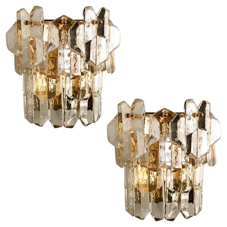 Pair of J.T. Kalmar 'Palazzo' Wall Light Fixtures Brass and Glass, 1970s For Sale