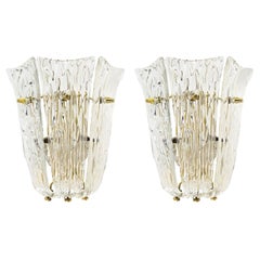 Pair of J.T. Kalmar Sconces Wall Lights, Brass Textured Glass, 1960