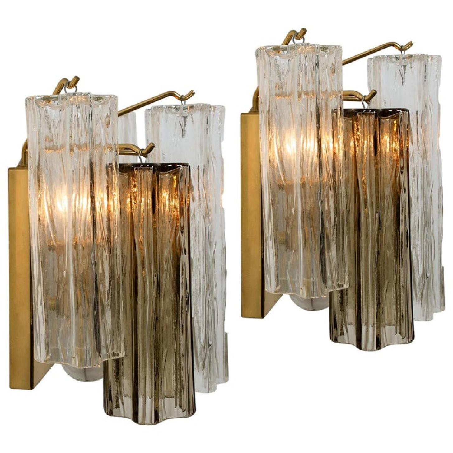 Mid-Century Modern Pair of J.T Kalmar Smoked and Clear Glass Wall Lights, Austria, 1960