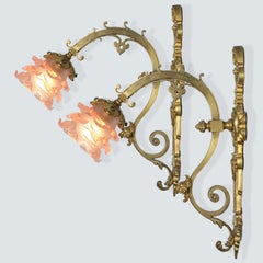 Pair of Jugendstil Brass Wall Lights Pink Flower, France 1930