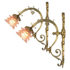 Antique Pair of Jugendstil Brass Wall Lights Pink Flower, France 1930